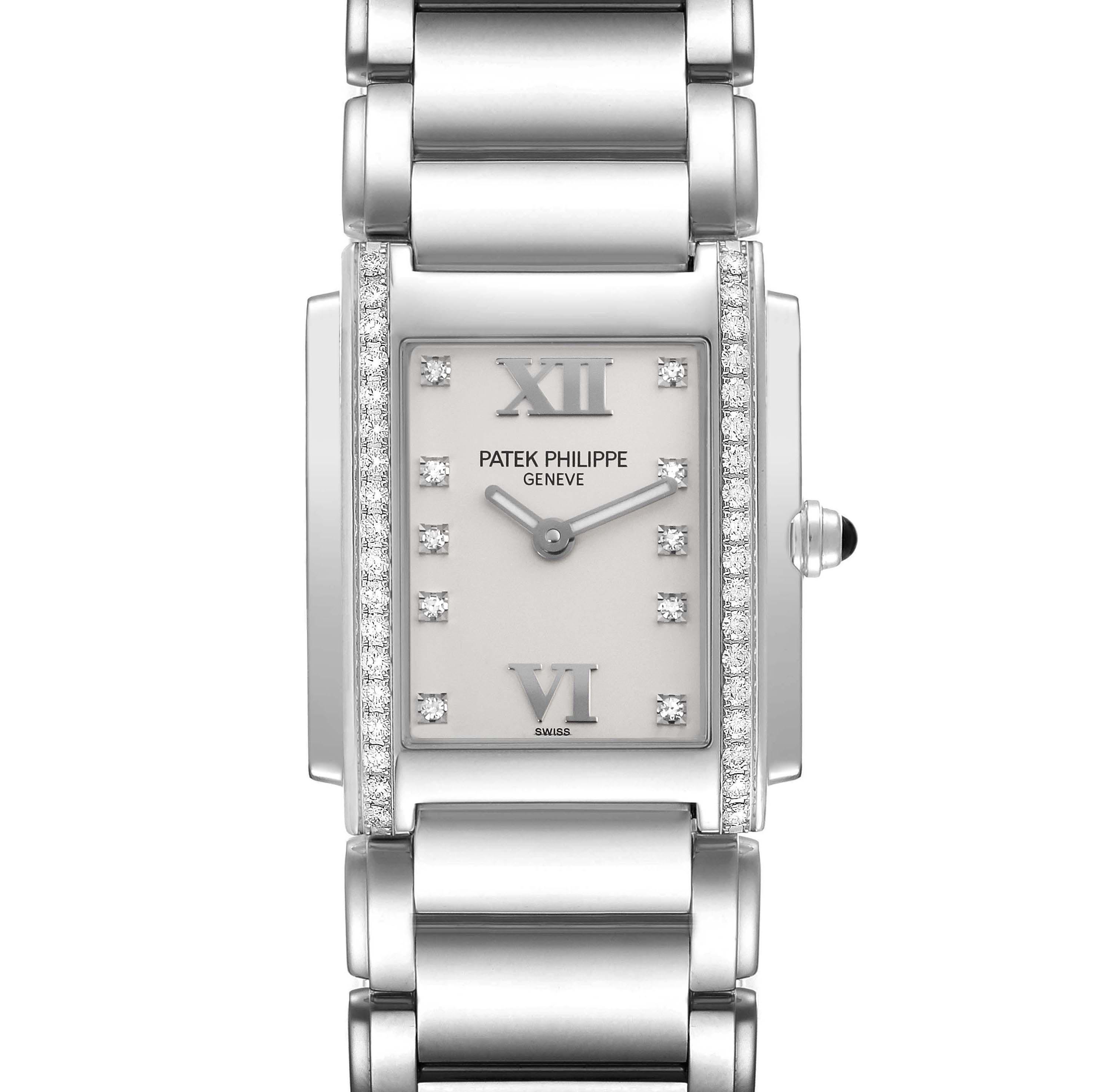 The Patek Philippe Twenty-4 4910/10A Women's Stainless Steel Silver Dial 4910/10A Women's Stainless Steel Silver Dial watch is shown from a front angle, highlighting its rectangular dial and diamond-accented bezel.