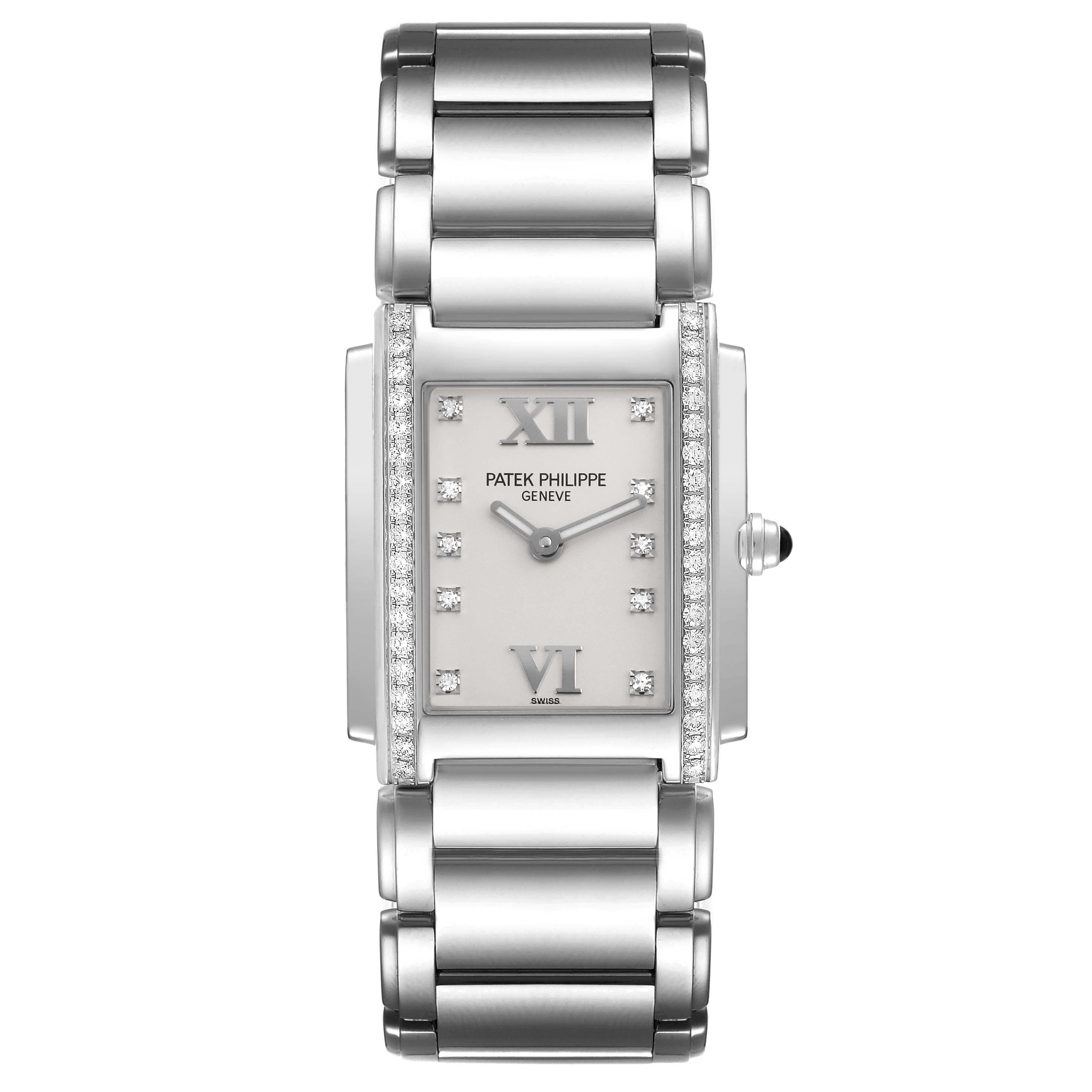 The Patek Philippe Twenty-4 4910/10A Women's Stainless Steel Silver Dial 4910/10A Women's Stainless Steel Silver Dial watch is shown from a top view, displaying its face, bracelet, and diamond accents on the bezel.