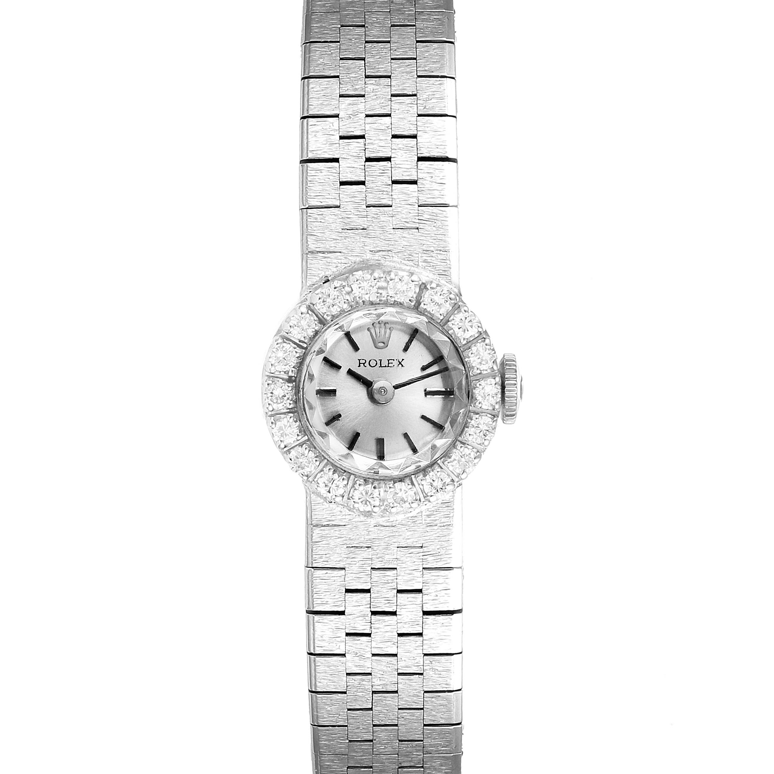 The Rolex Cocktail 4431 Women's White Gold Silver Dial 4431 Women's White Gold Silver Dial model is shown from a top-down angle, displaying the face, bezel, and bracelet.