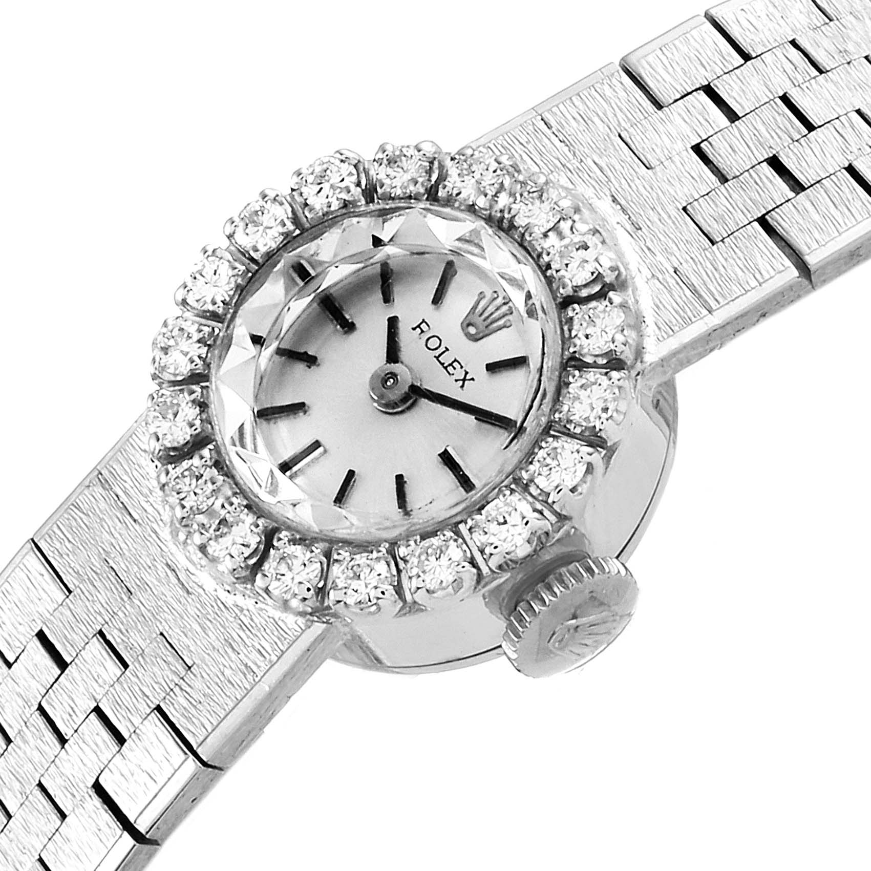 The image shows a close-up of the Rolex Cocktail 4431 Women's White Gold Silver Dial 4431 Women's White Gold Silver Dial model watch face, bezel adorned with diamonds, and part of the bracelet.