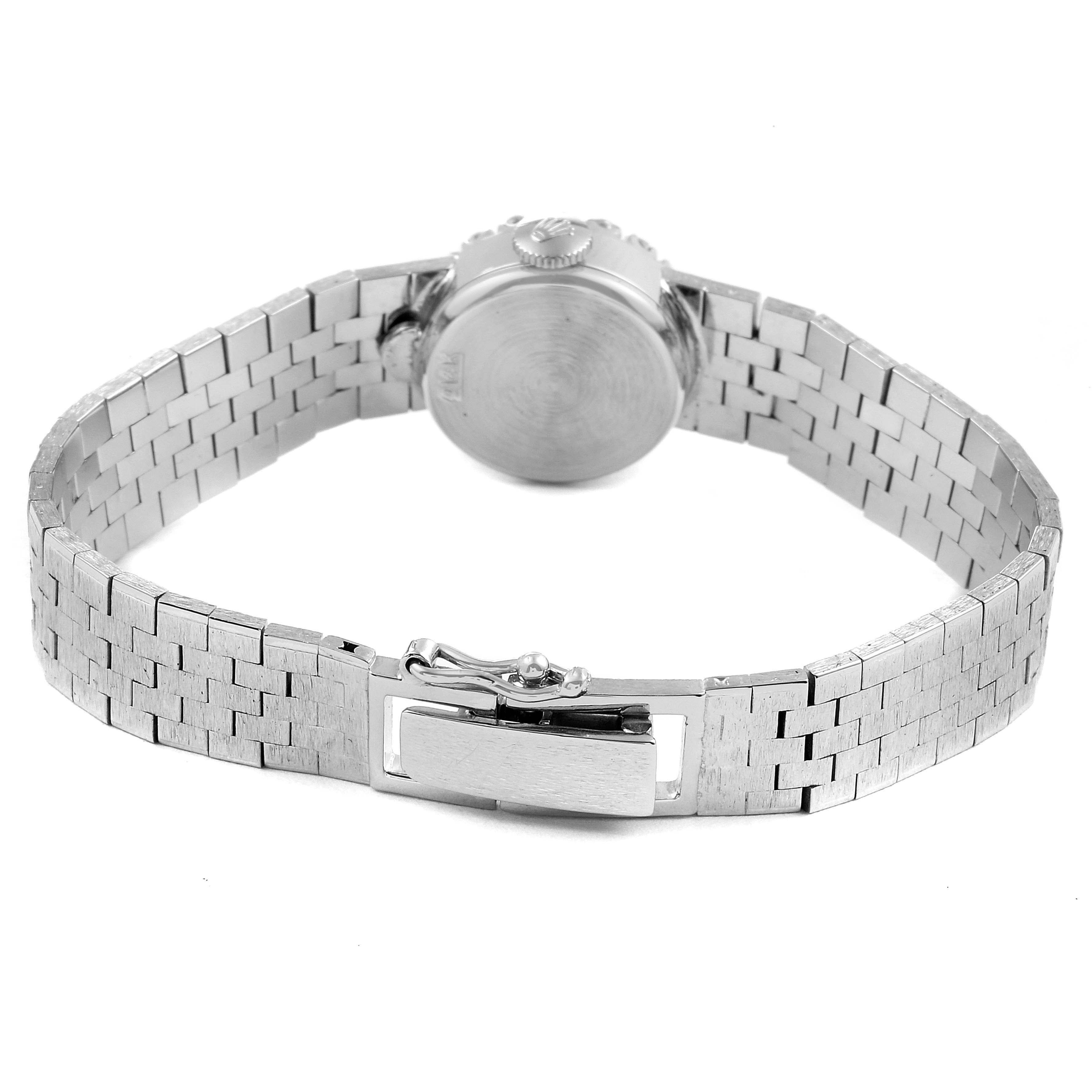 This image shows the back view of a Rolex Cocktail 4431 Women's White Gold Silver Dial 4431 Women's White Gold Silver Dial model watch, highlighting its bracelet and clasp.