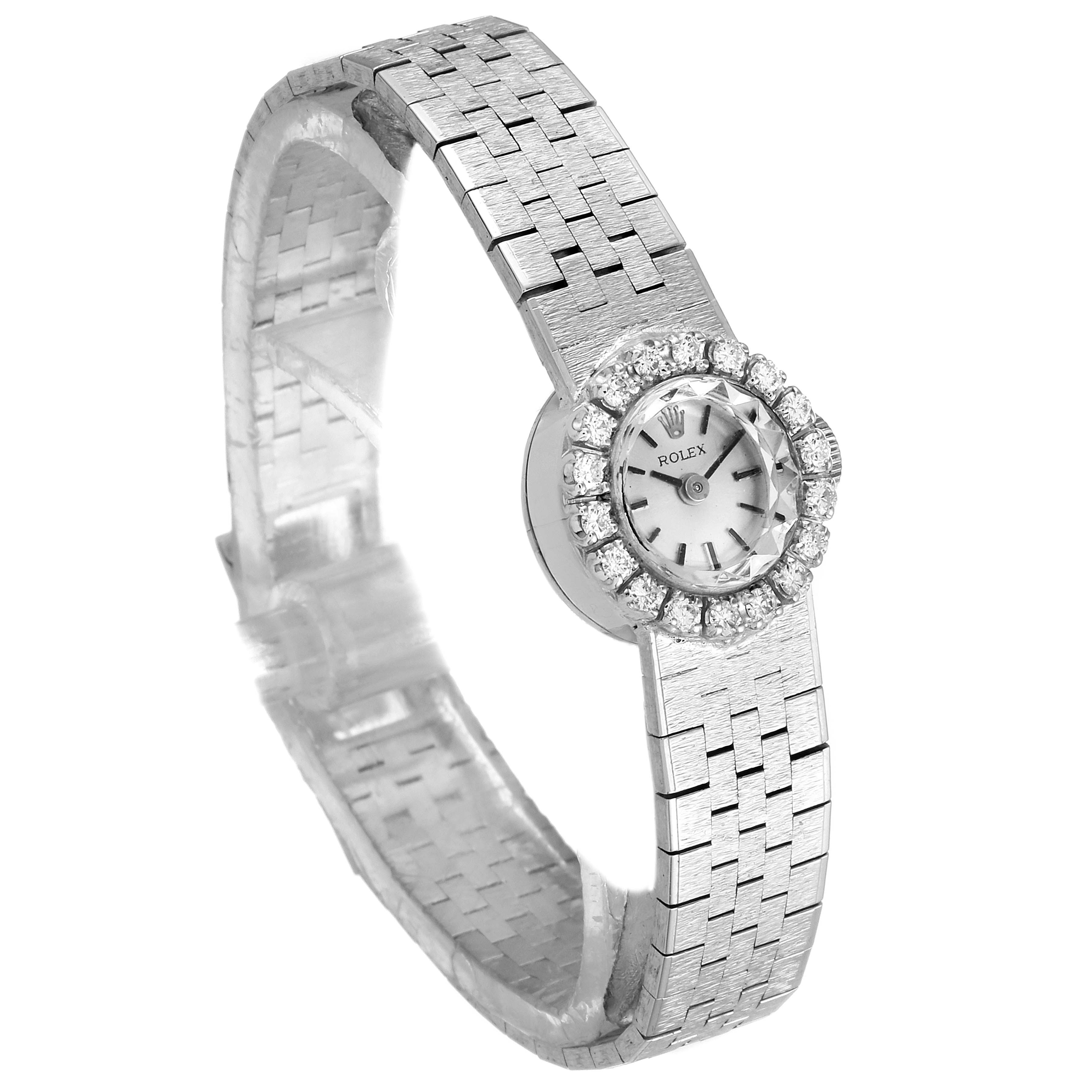The Rolex Cocktail 4431 Women's White Gold Silver Dial 4431 Women's White Gold Silver Dial watch model is shown from a front angled view displaying its band, face, and diamond-encrusted bezel.
