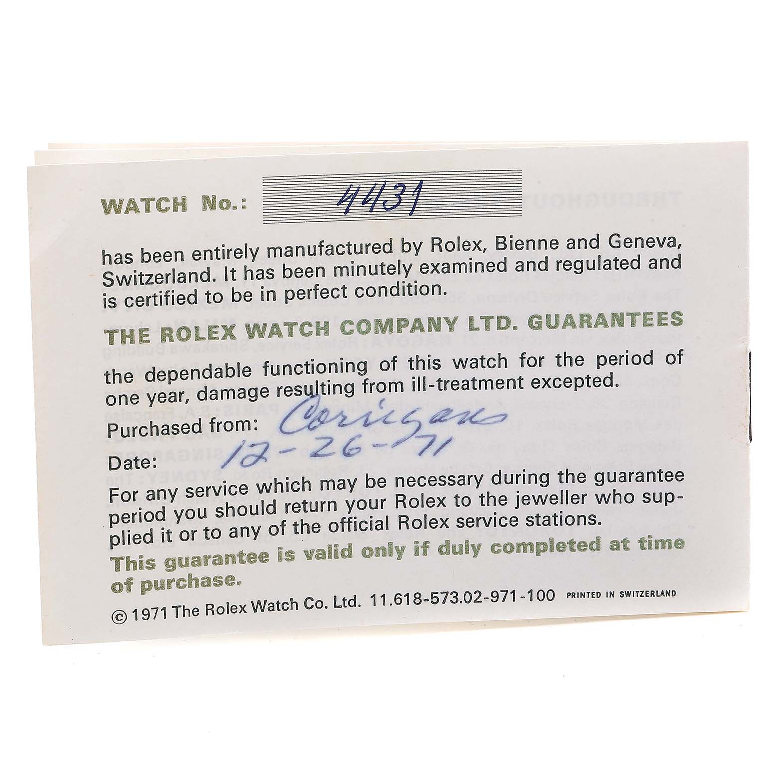 This image shows the warranty card documentation for the Rolex Cocktail 4431 Women's White Gold Silver Dial 4431 Women's White Gold Silver Dial model watch.