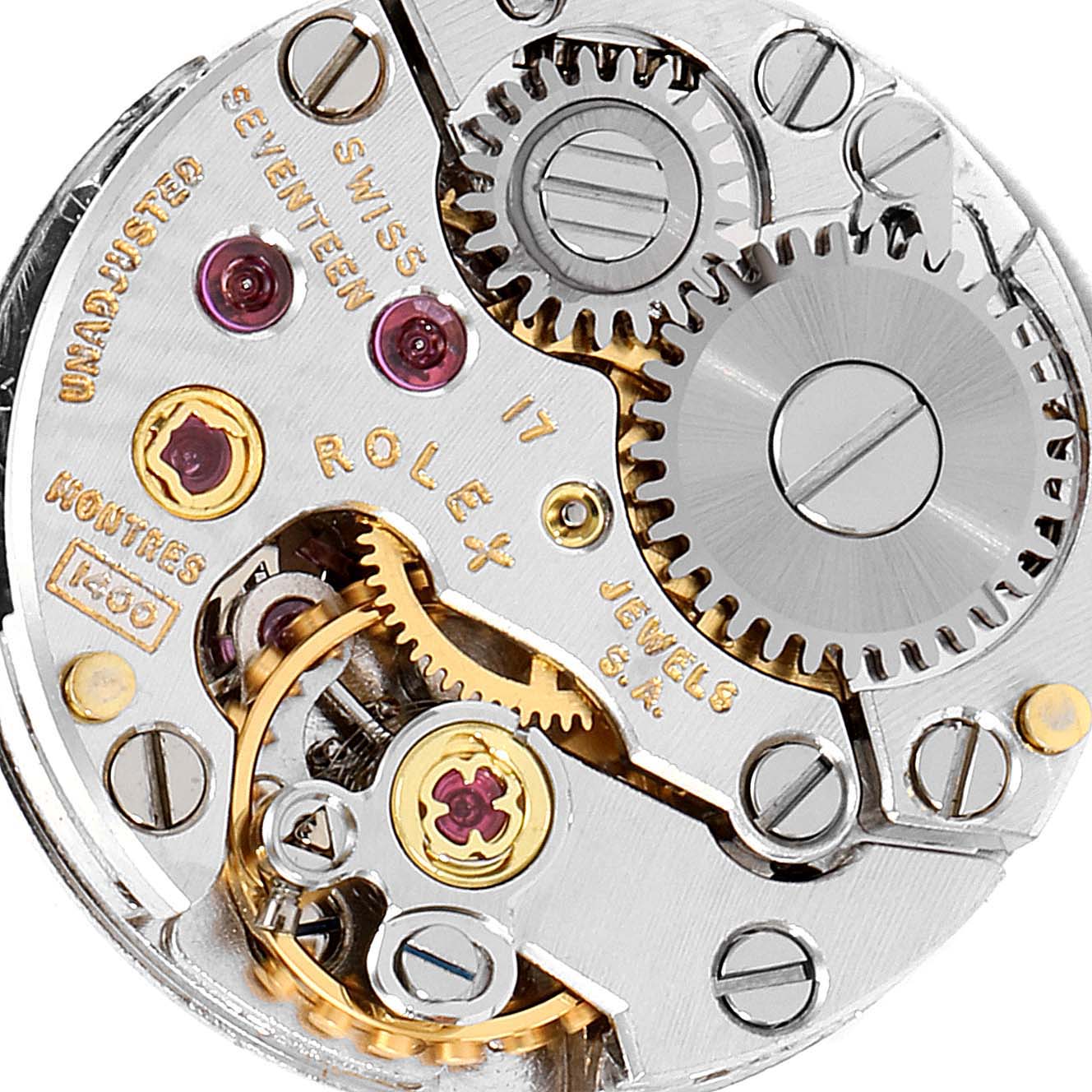 This close-up image shows the intricate movement parts of a Rolex Cocktail 4431 Women's White Gold Silver Dial 4431 Women's White Gold Silver Dial model watch.