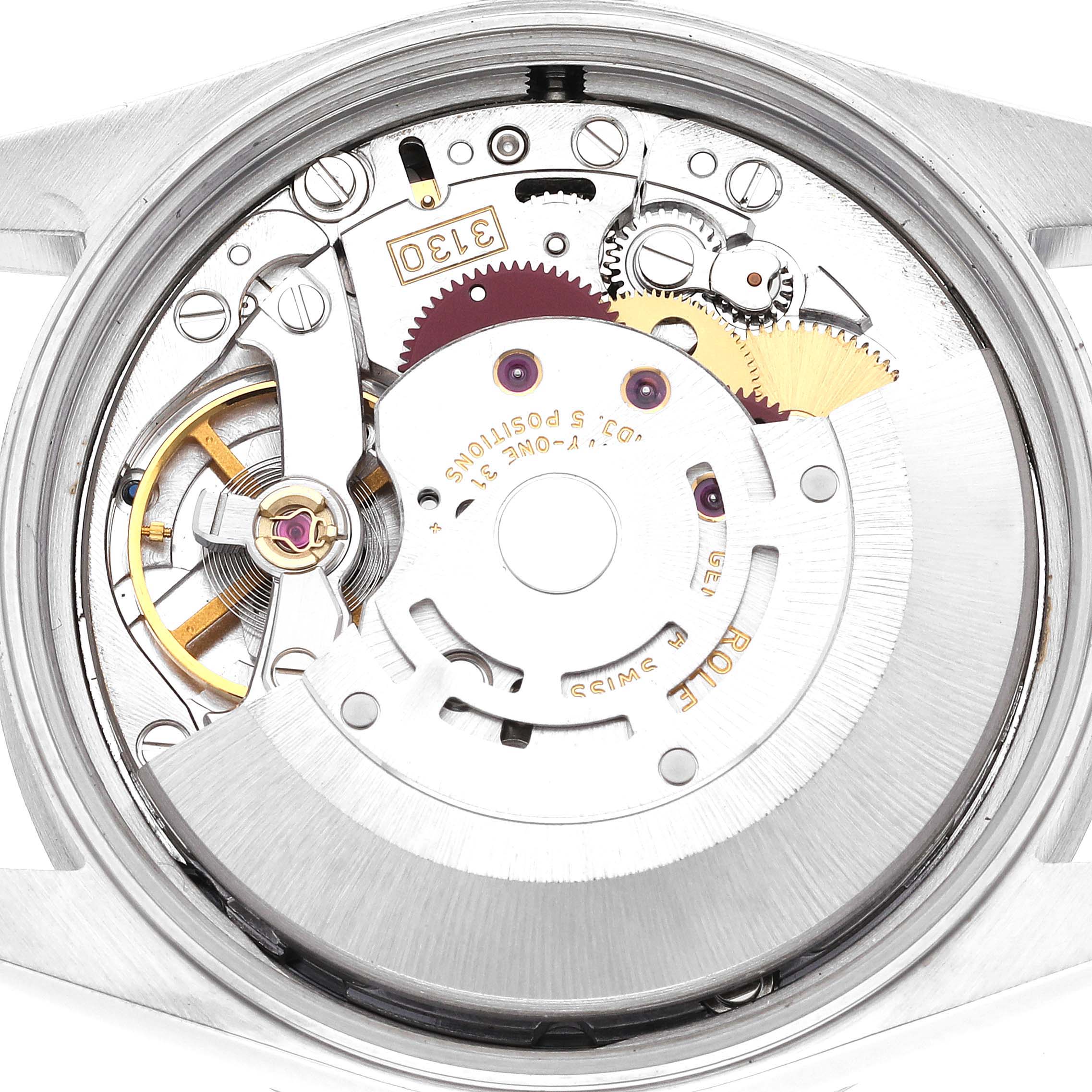 This image shows the intricate movement mechanism of a Rolex Air-King 14010 Men's Stainless Steel Pink Dial 14010 Men's Stainless Steel Pink Dial watch viewed from the back.