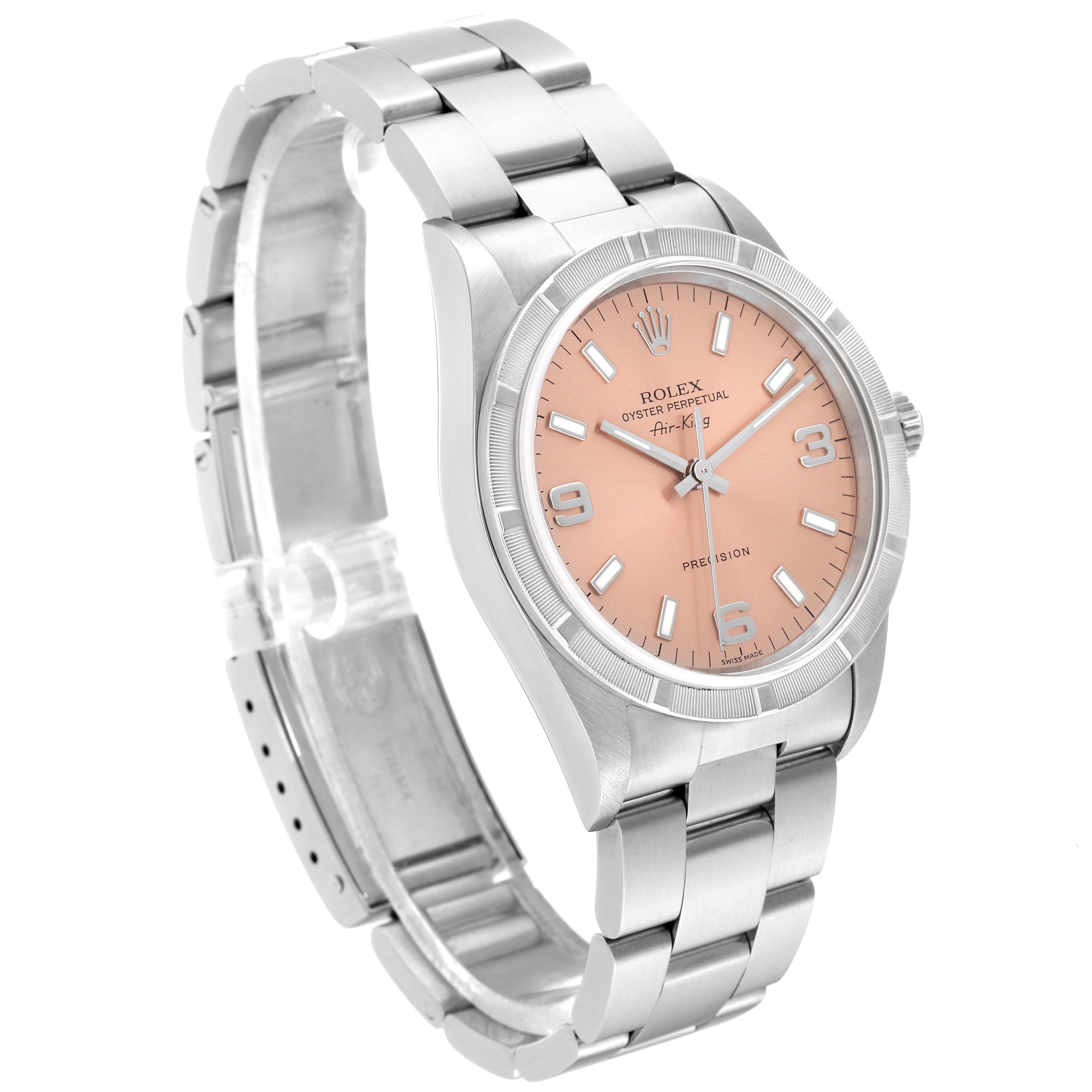 The Rolex Air-King 14010 Men's Stainless Steel Pink Dial 14010 Men's Stainless Steel Pink Dial watch is shown from a slight side angle displaying the face, case, and bracelet band.