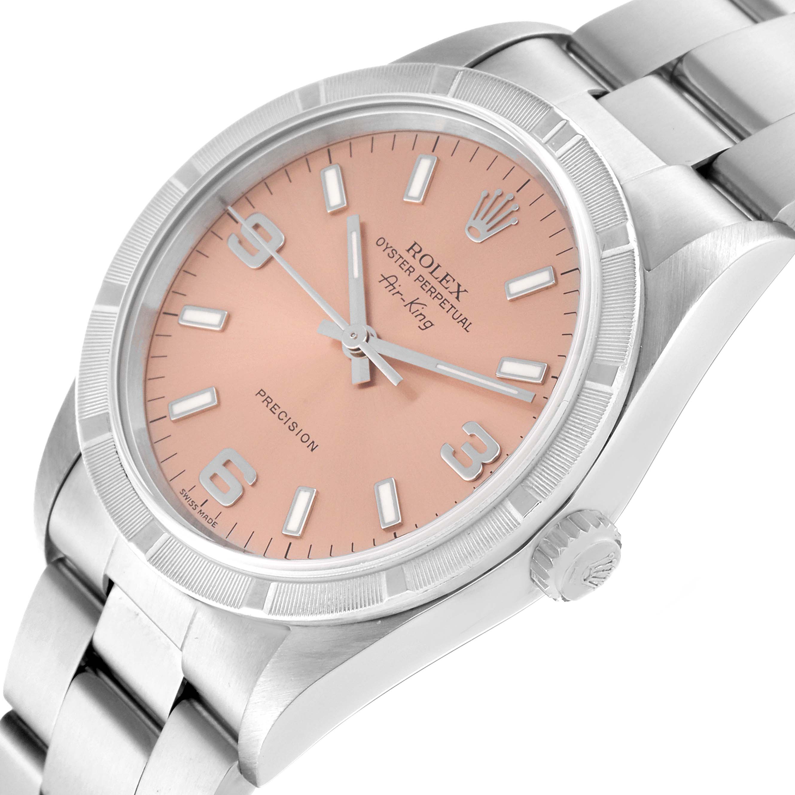 The Rolex Air-King 14010 Men's Stainless Steel Pink Dial 14010 Men's Stainless Steel Pink Dial watch is shown at an angled view highlighting the face, bezel, crown, and stainless steel bracelet.