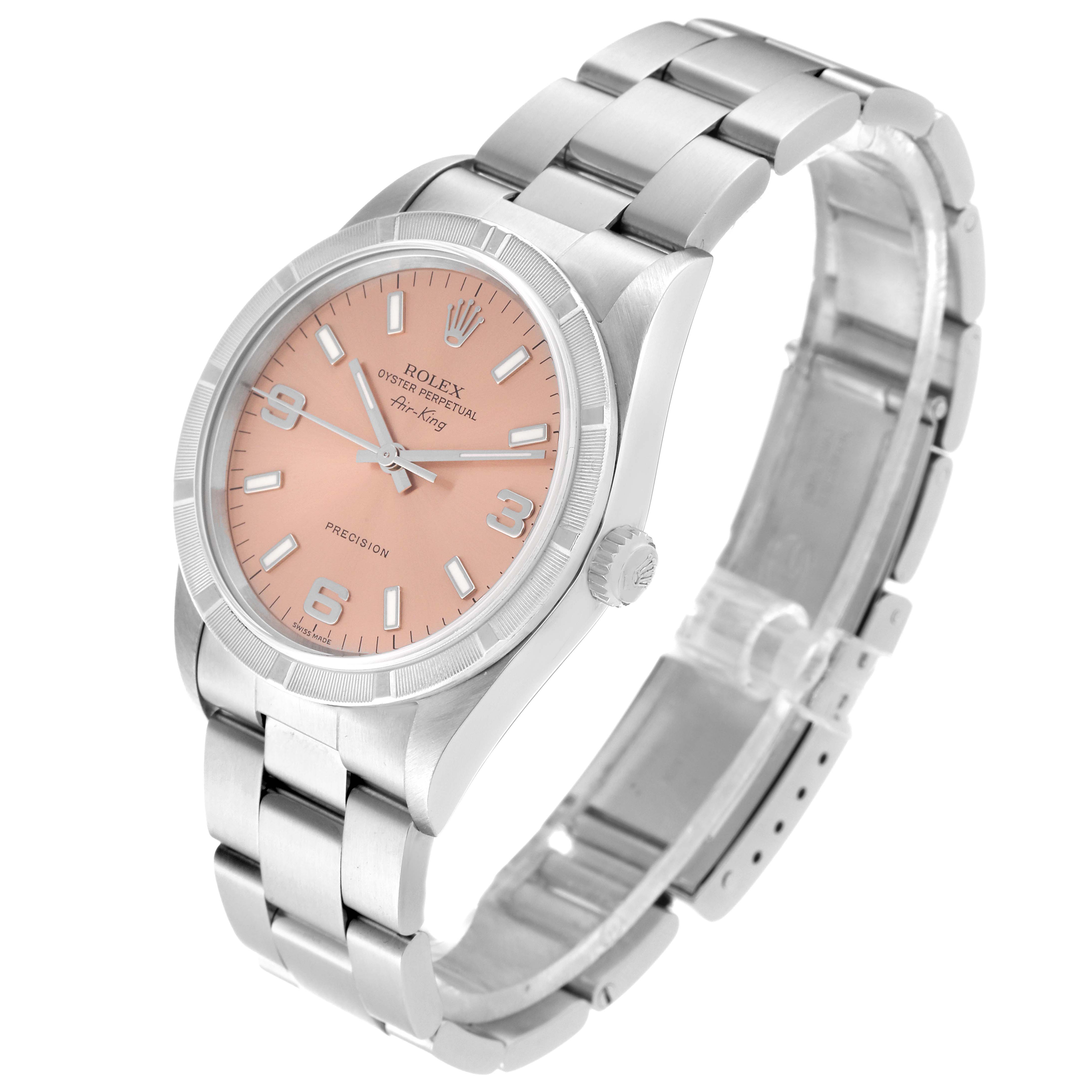 The image shows a Rolex Air-King 14010 Men's Stainless Steel Pink Dial 14010 Men's Stainless Steel Pink Dial watch at a three-quarter angle, highlighting its face, crown, and part of the stainless steel bracelet.