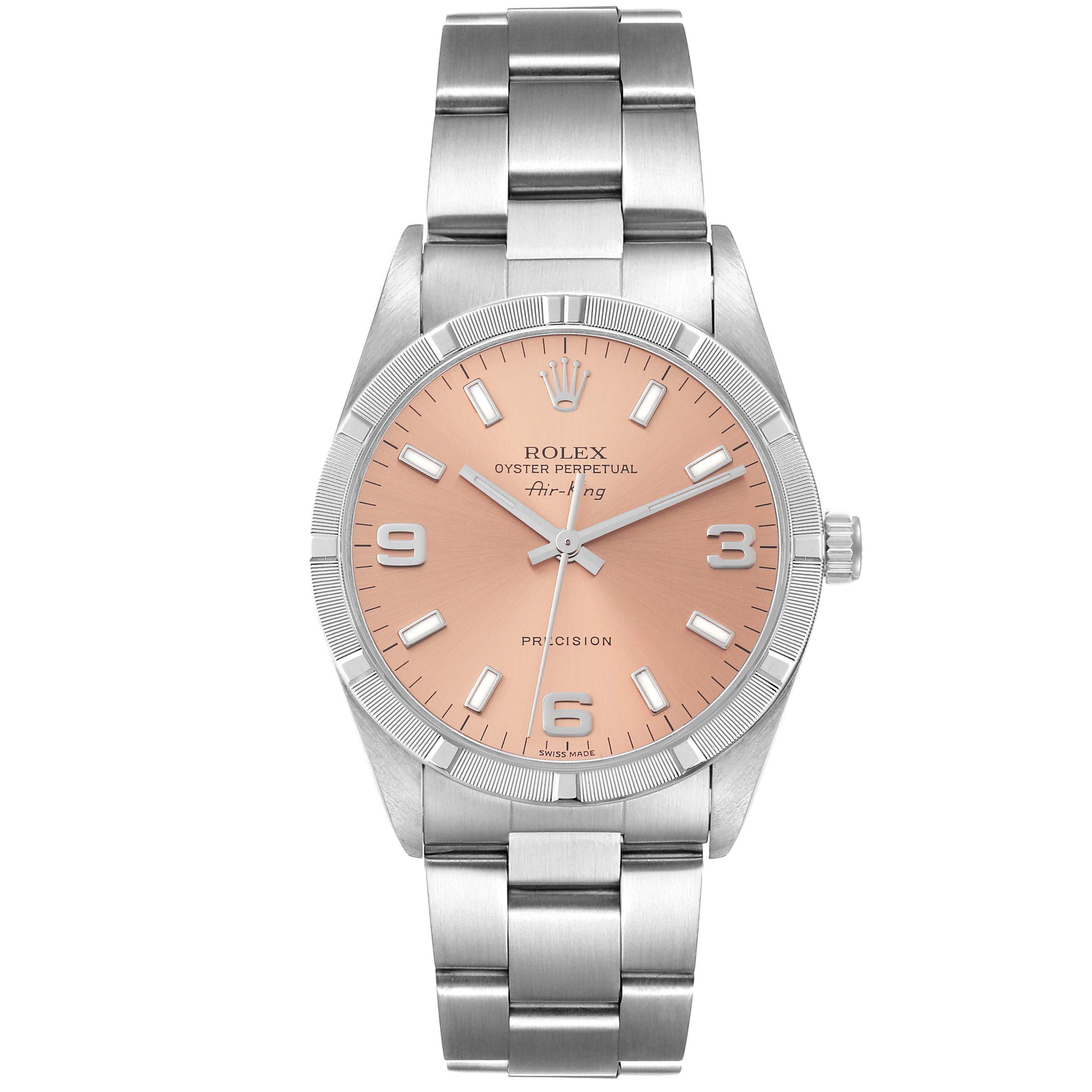 This image shows a Rolex Air-King 14010 Men's Stainless Steel Pink Dial 14010 Men's Stainless Steel Pink Dial watch from a straight-on angle, highlighting its face, bezel, and band.