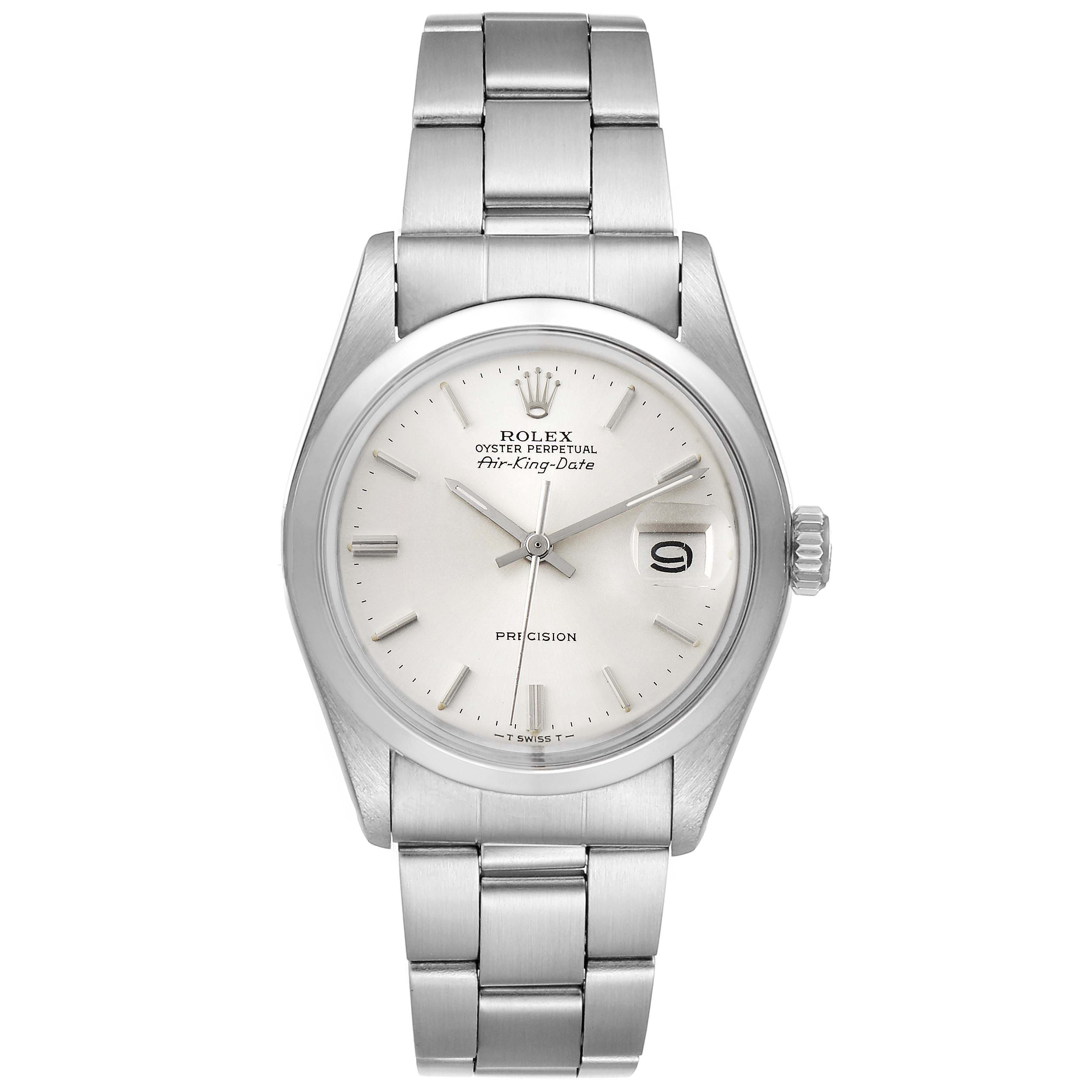 The image shows a Rolex Vintage Collection 5700 Men's Stainless Steel Silver Dial 5700 Men's Stainless Steel Silver Dial Oyster Perpetual Air-King-Date watch from a front view, displaying the dial, bracelet, and date window.