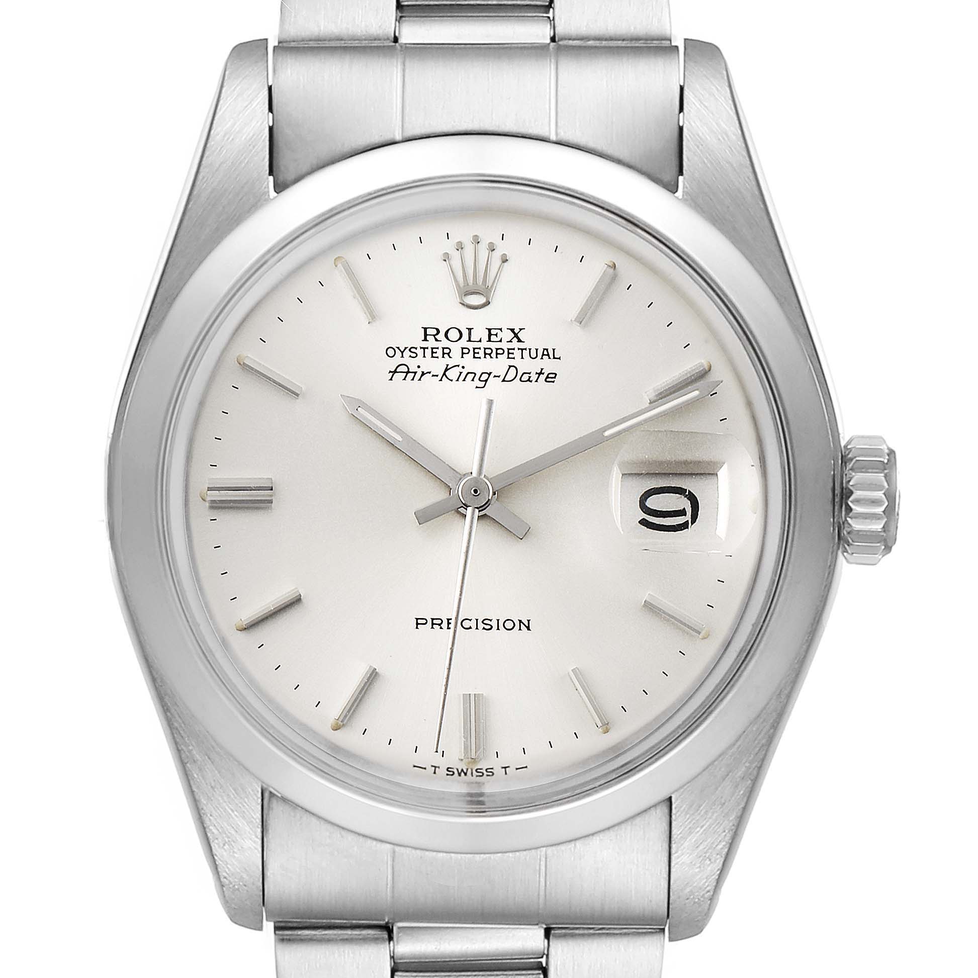 The image shows a front view of the Rolex Vintage Collection 5700 Men's Stainless Steel Silver Dial 5700 Men's Stainless Steel Silver Dial Oyster Perpetual Air-King-Date watch, highlighting the dial, date window, and bracelet.
