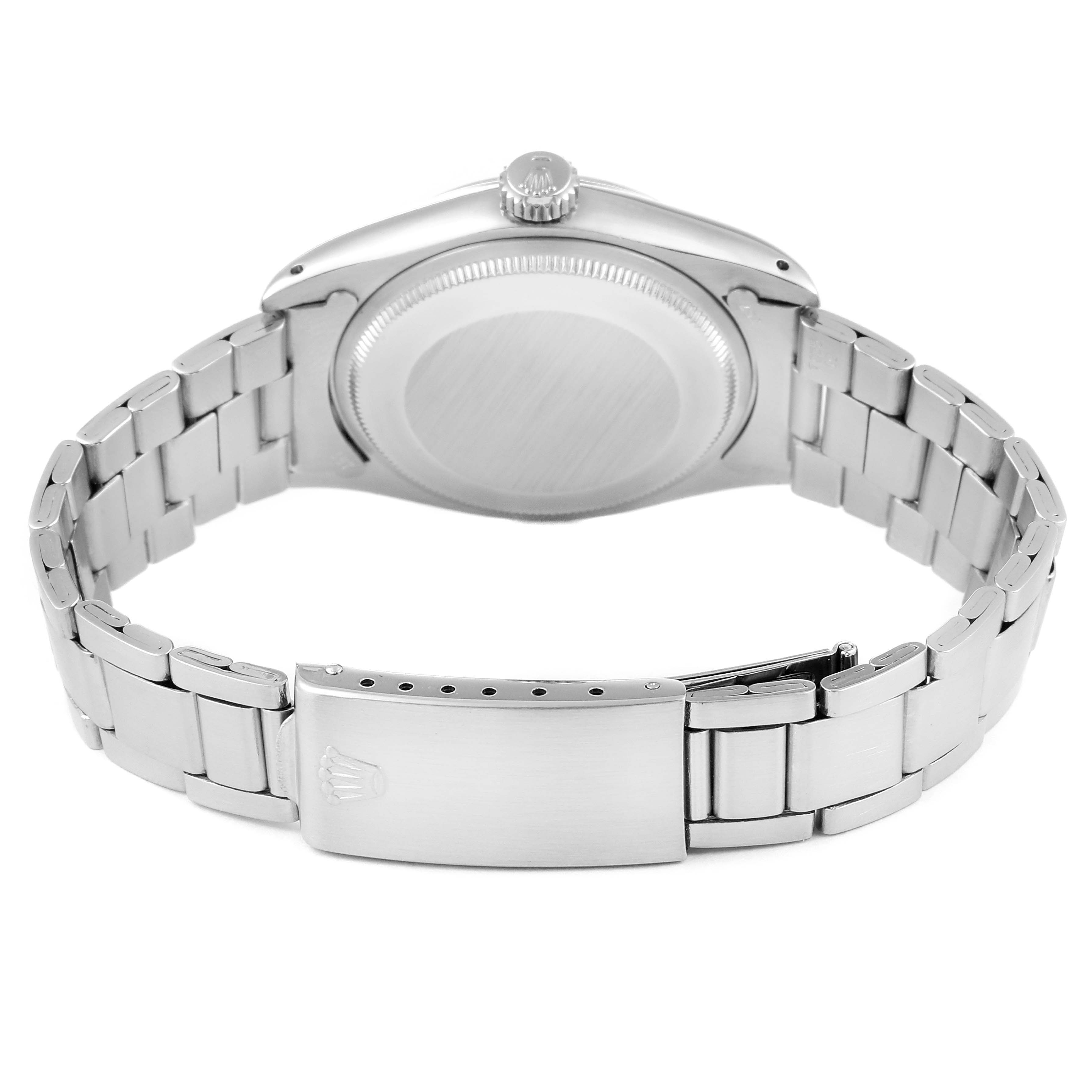 The image shows the back and clasp of the Rolex Vintage Collection 5700 Men's Stainless Steel Silver Dial 5700 Men's Stainless Steel Silver Dial watch, displaying its closed metal bracelet and case back.