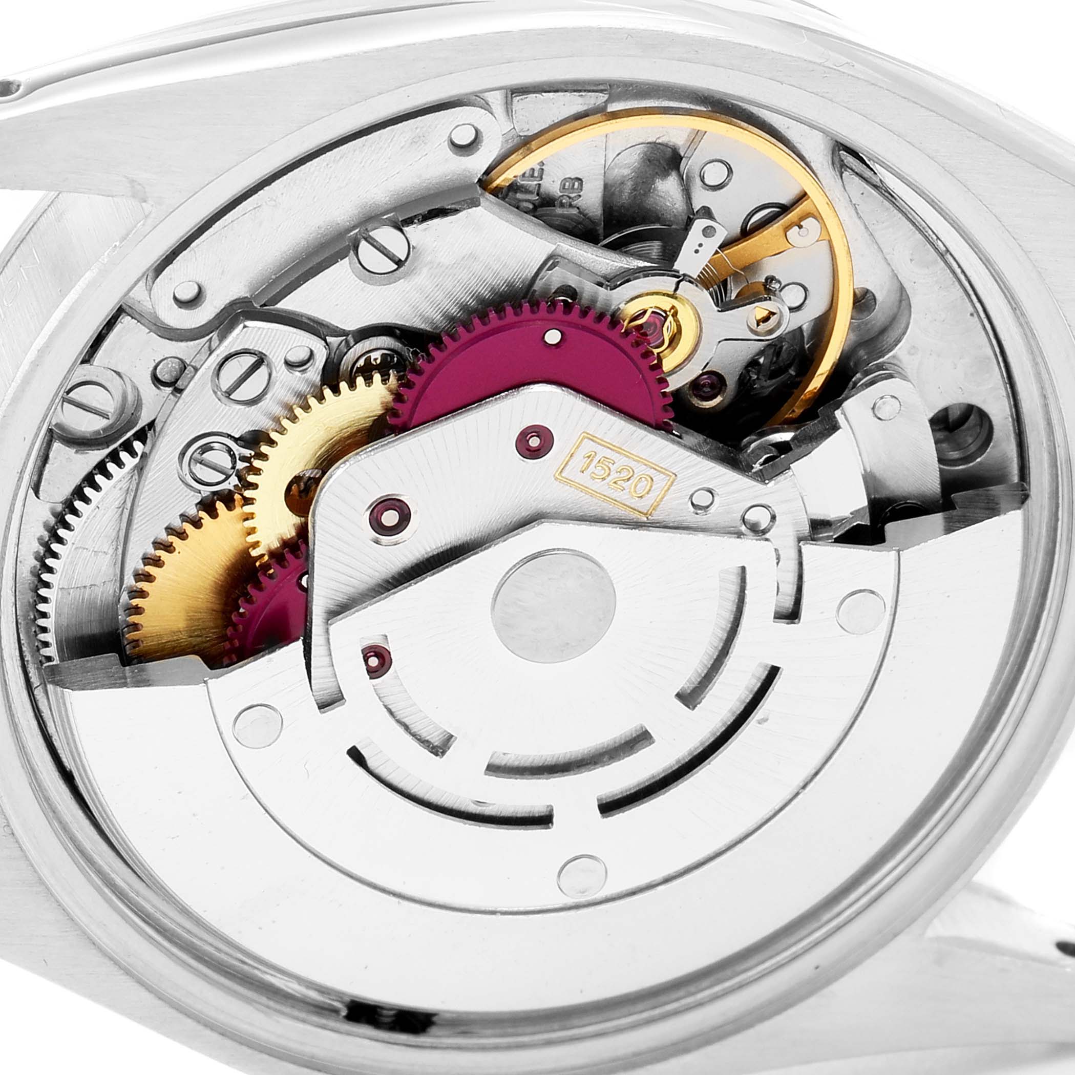 This image shows a close-up of the internal mechanical parts of a Rolex Vintage Collection 5700 Men's Stainless Steel Silver Dial 5700 Men's Stainless Steel Silver Dial watch movement, Model 1520.