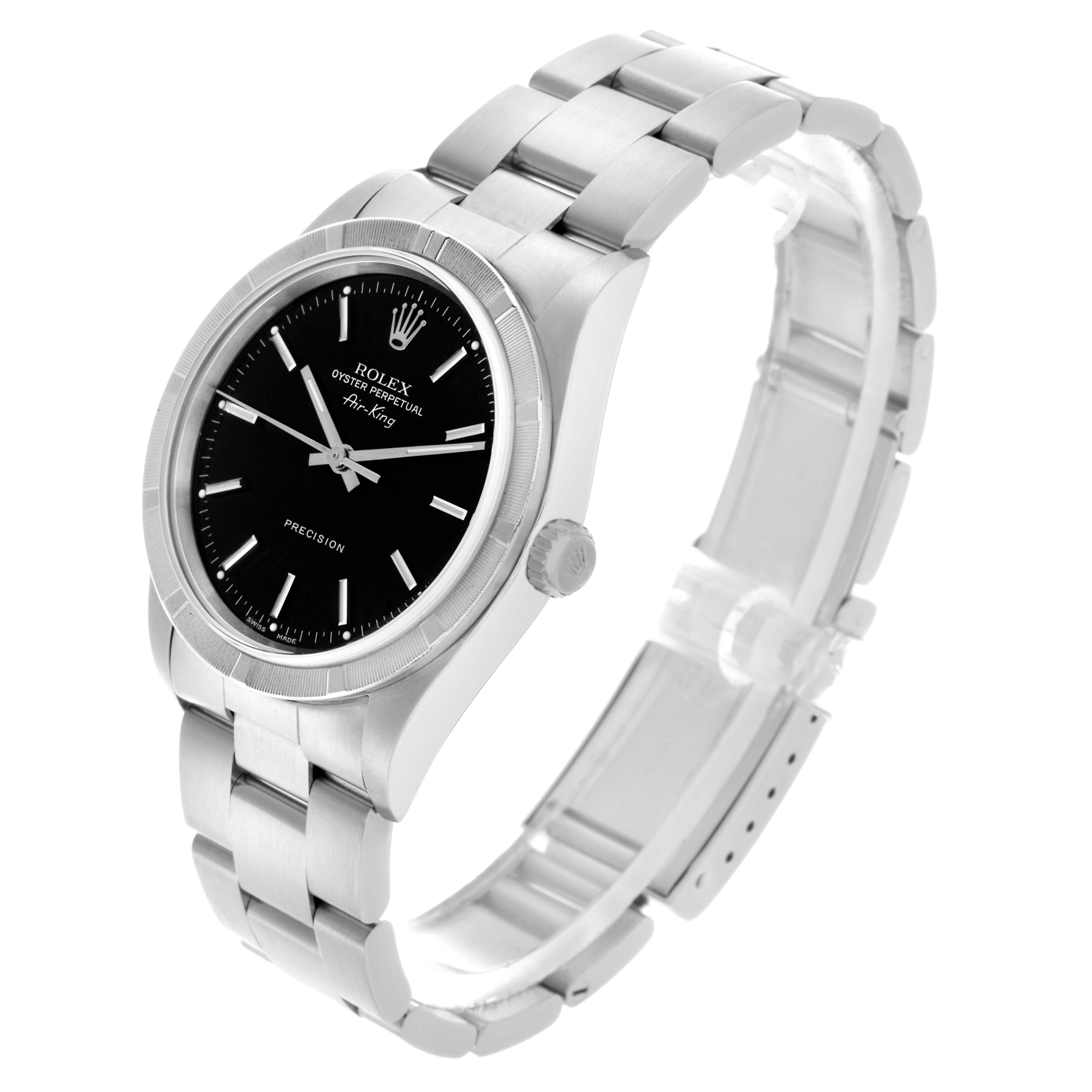 The Rolex Air-King 14010M Men's Stainless Steel Black Dial 14010M Men's Stainless Steel Black Dial watch is shown at a three-quarter angle, displaying its face, bezel, crown, and bracelet.