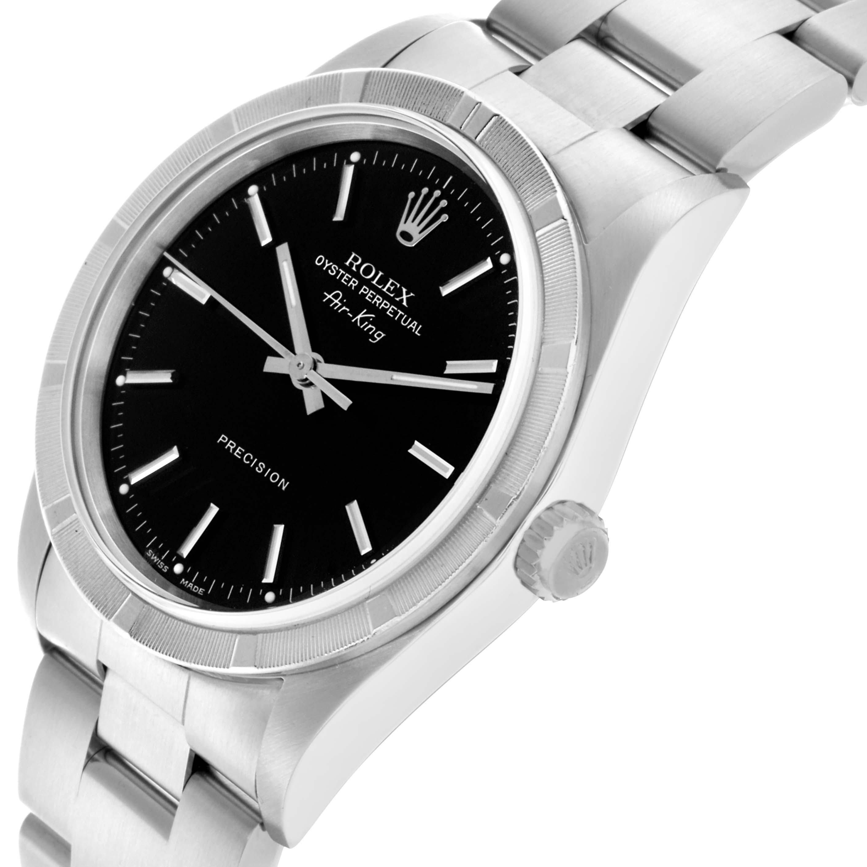 The Rolex Air-King 14010M Men's Stainless Steel Black Dial 14010M Men's Stainless Steel Black Dial is shown at a slight angle, highlighting its black dial, hour markers, bezel, and part of the bracelet.