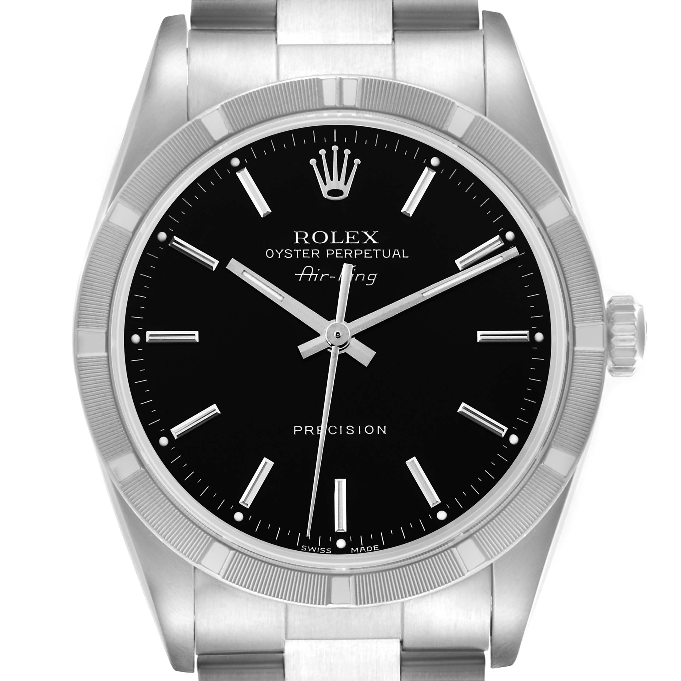 The Rolex Air-King 14010M Men's Stainless Steel Black Dial 14010M Men's Stainless Steel Black Dial watch is shown from a front angle, displaying the dial, bezel, and part of the bracelet.