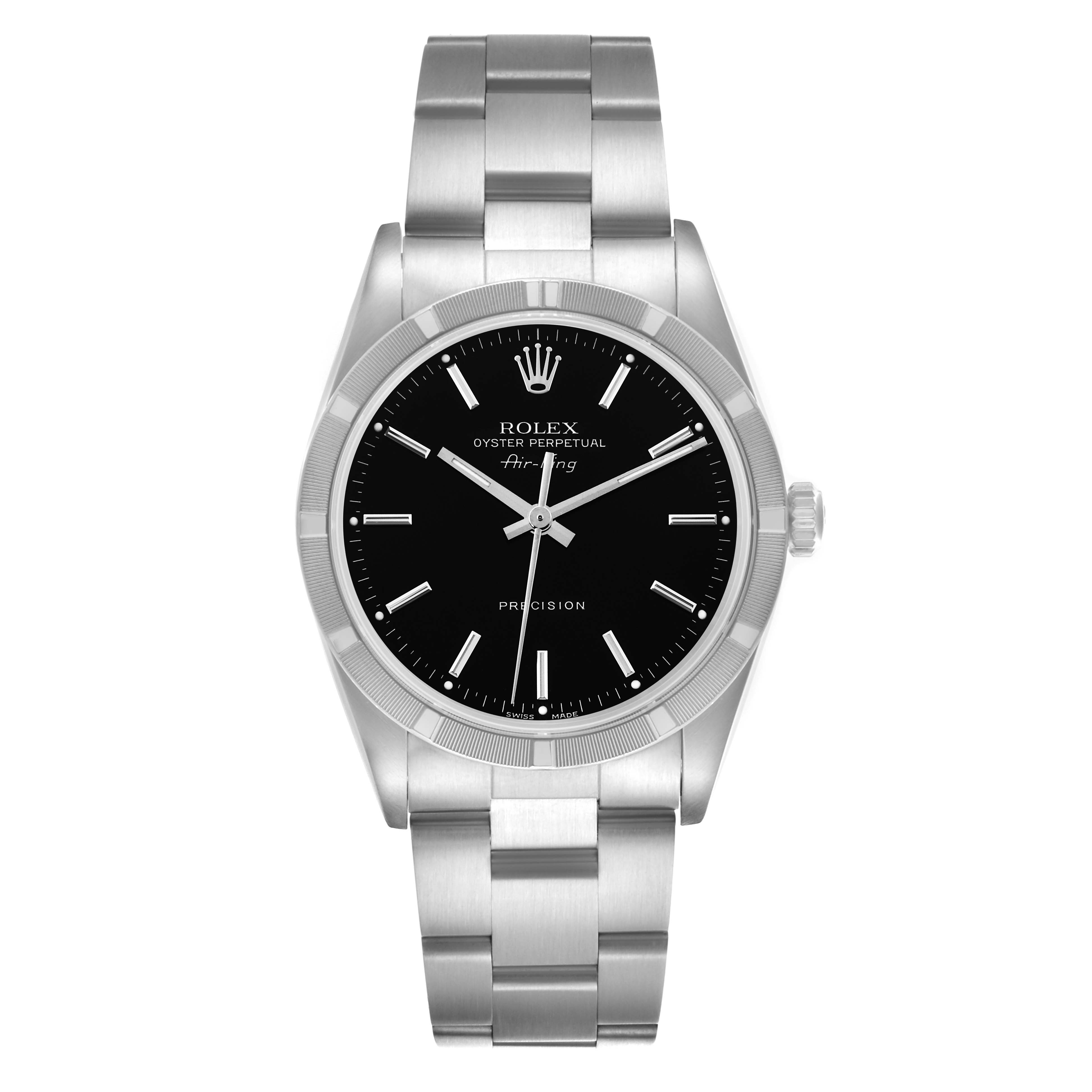 The Rolex Air-King 14010M Men's Stainless Steel Black Dial 14010M Men's Stainless Steel Black Dial watch is shown from a front angle, displaying the bracelet, case, bezel, dial, and crown.