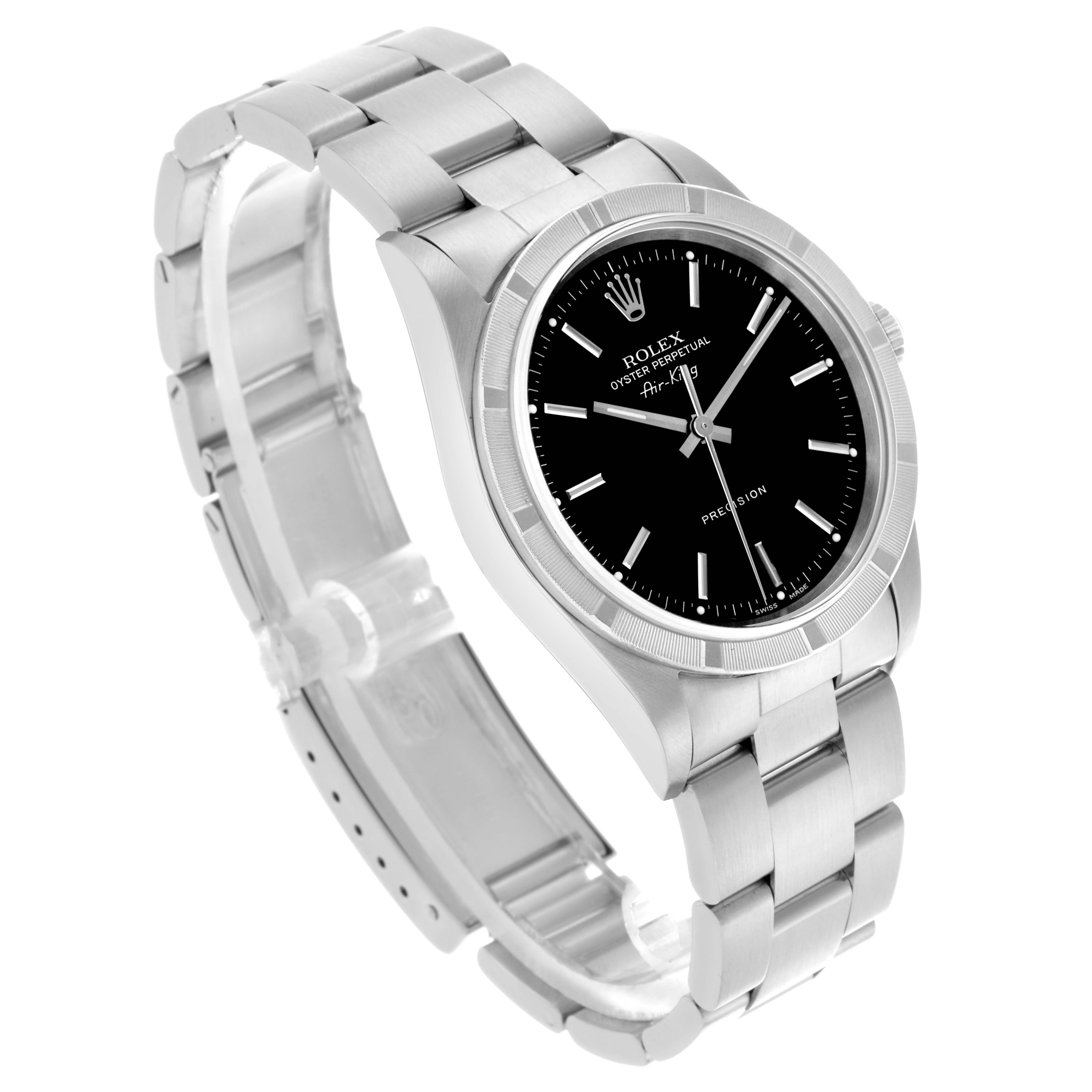 The Rolex Air-King 14010M Men's Stainless Steel Black Dial 14010M Men's Stainless Steel Black Dial watch is shown at an angled side view, displaying the face, bezel, and partial bracelet.