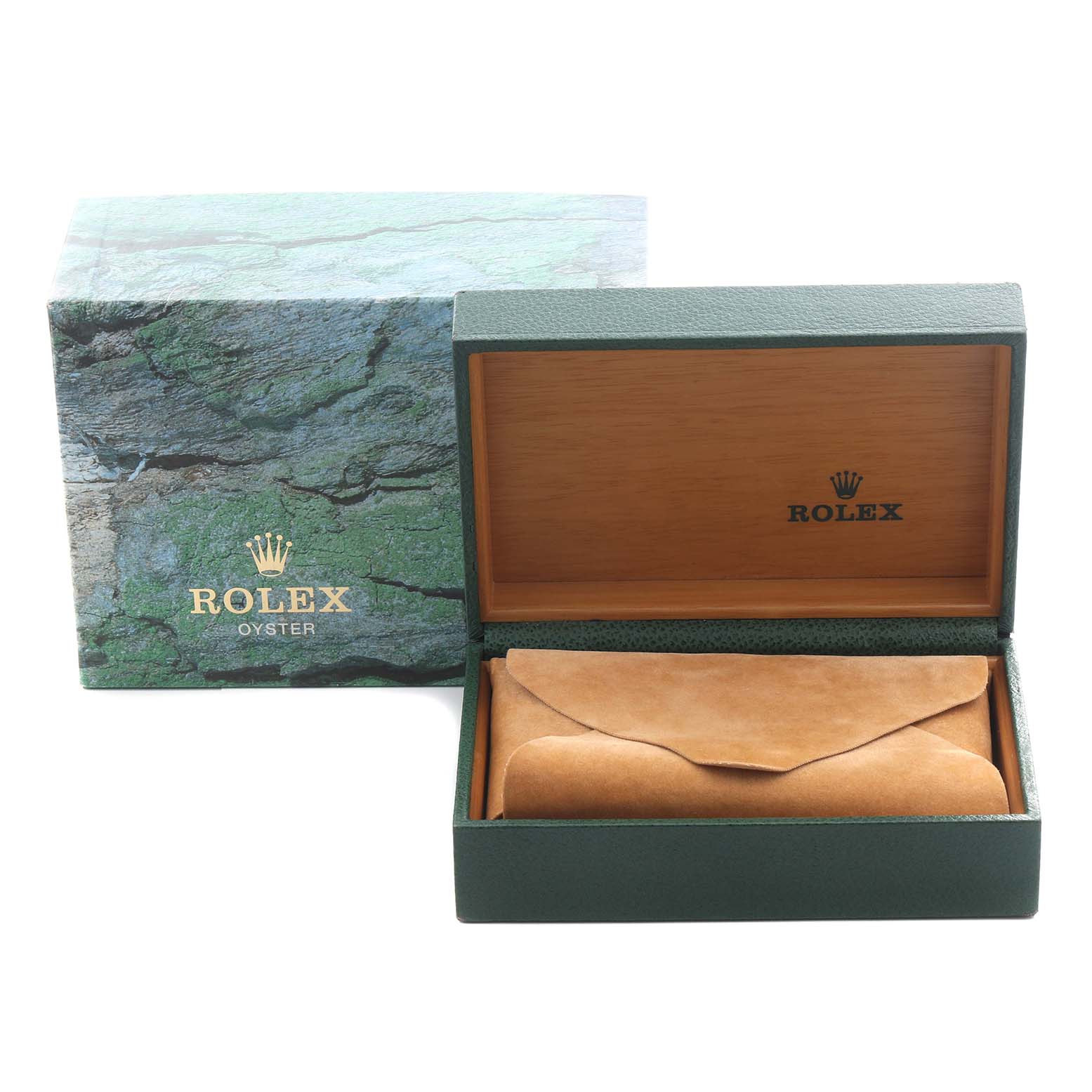 The image shows a Rolex Air-King 14010M Men's Stainless Steel Black Dial 14010M Men's Stainless Steel Black Dial watch box and suede pouch, with the box lid open and the pouch inside.