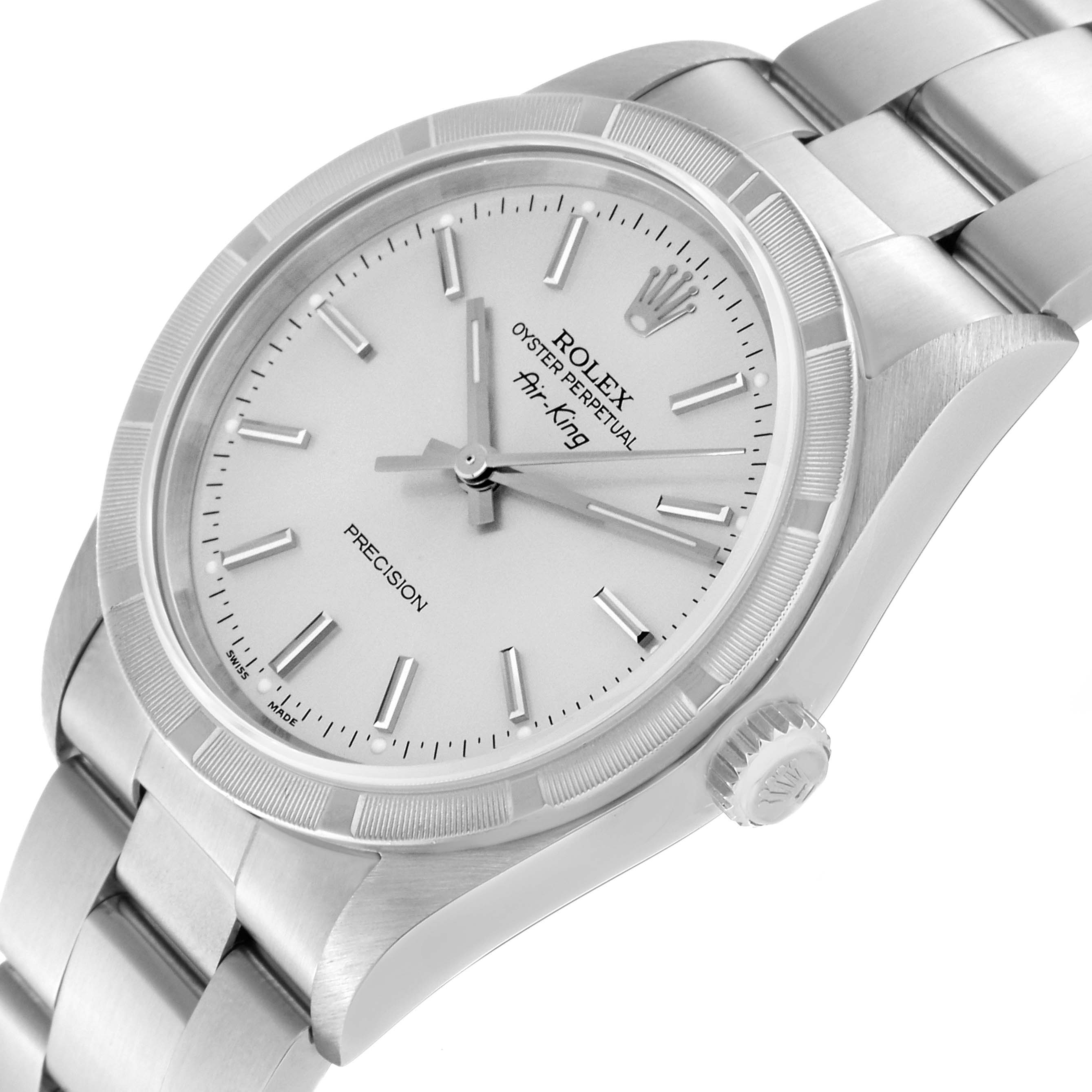 This image shows the face, crown, and bracelet of a Rolex Air-King 14010 Men's Stainless Steel Silver Dial 14010 Men's Stainless Steel Silver Dial watch from a side angle.
