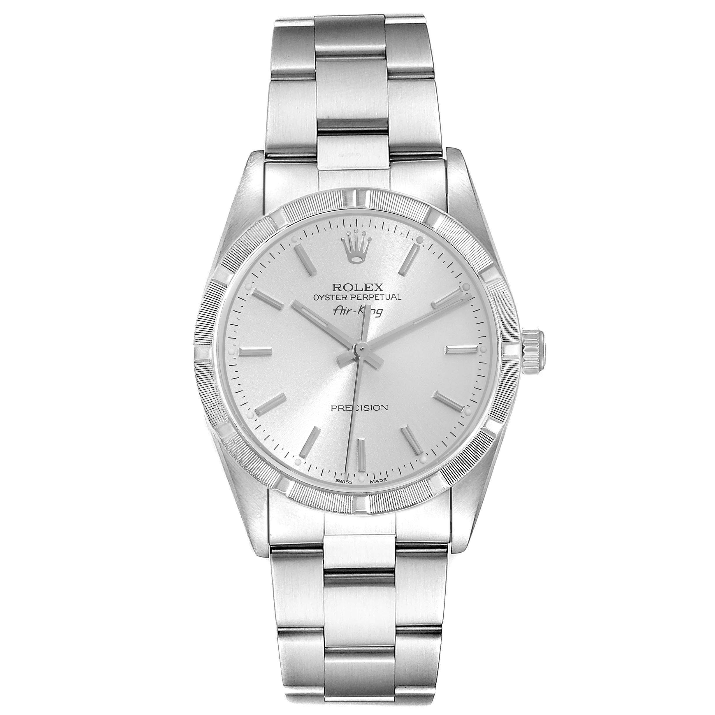 This image shows a Rolex Air-King 14010 Men's Stainless Steel Silver Dial 14010 Men's Stainless Steel Silver Dial watch from a front angle, displaying its dial, bezel, bracelet, and crown.
