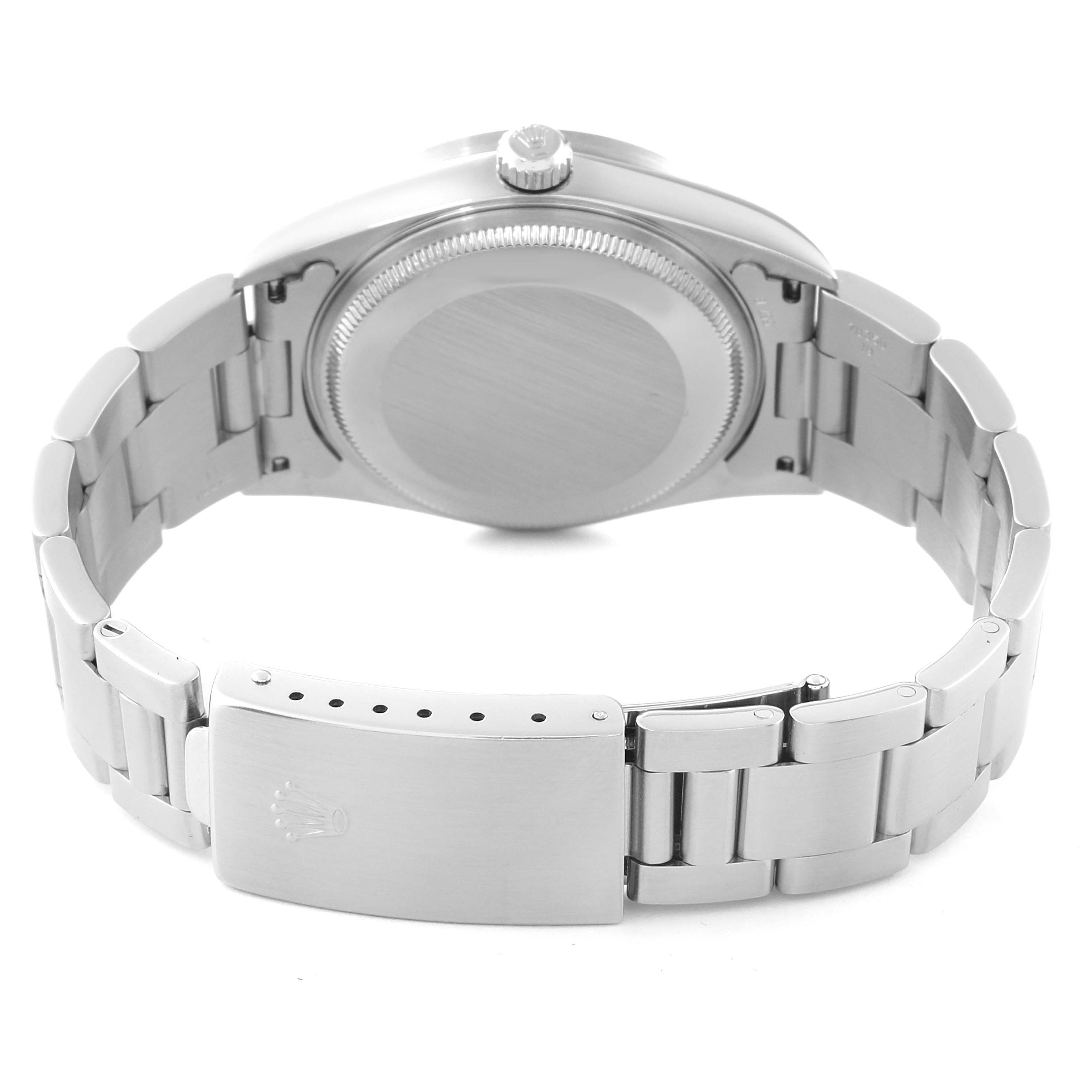 The image shows the back case, crown, and bracelet clasp of a Rolex Air-King 14010 Men's Stainless Steel Silver Dial 14010 Men's Stainless Steel Silver Dial watch from a rear angle.