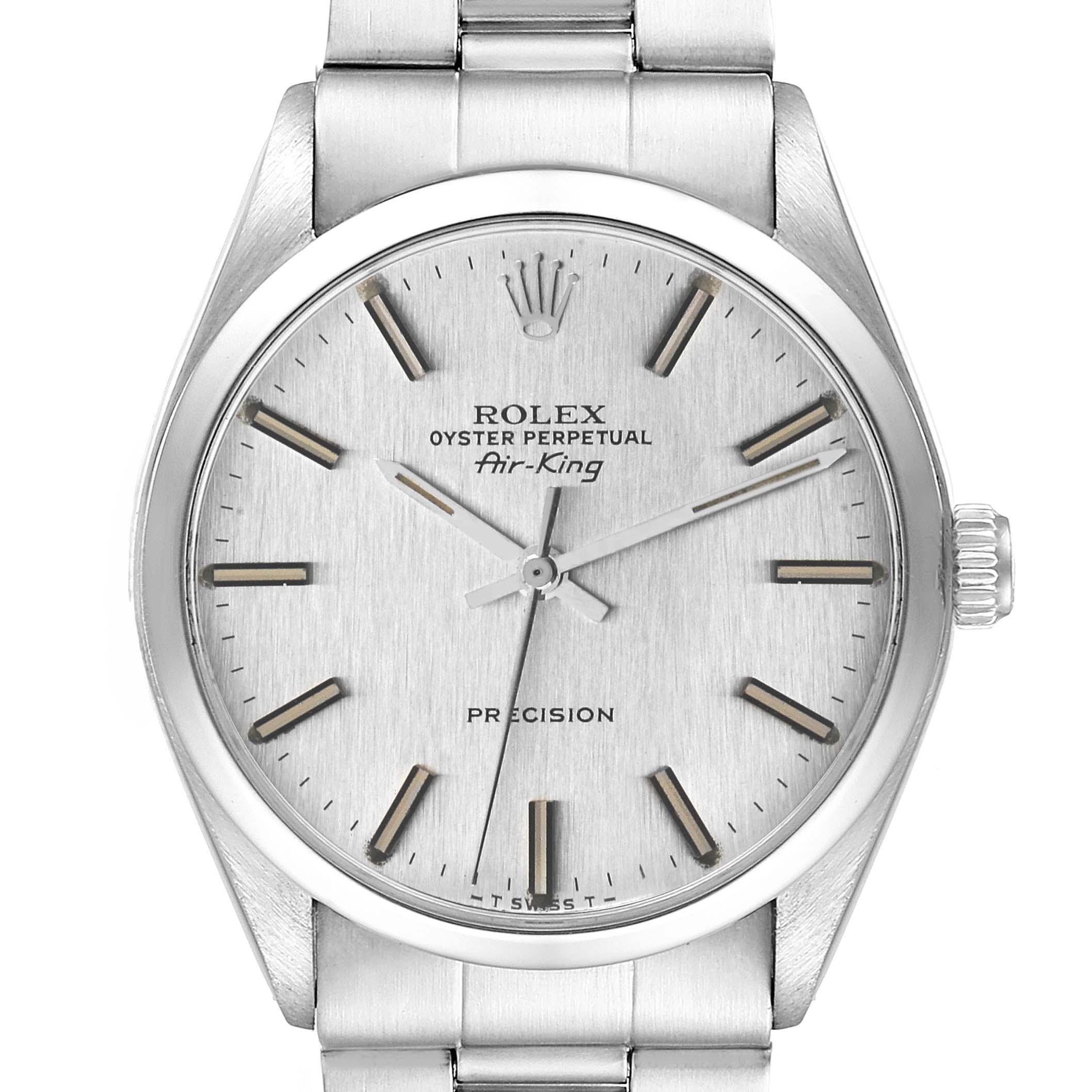 The image shows a front view of a Rolex Air-King 5500 Men's Stainless Steel Silver Dial 5500 Men's Stainless Steel Silver Dial watch, displaying the dial, hands, and part of the bracelet.