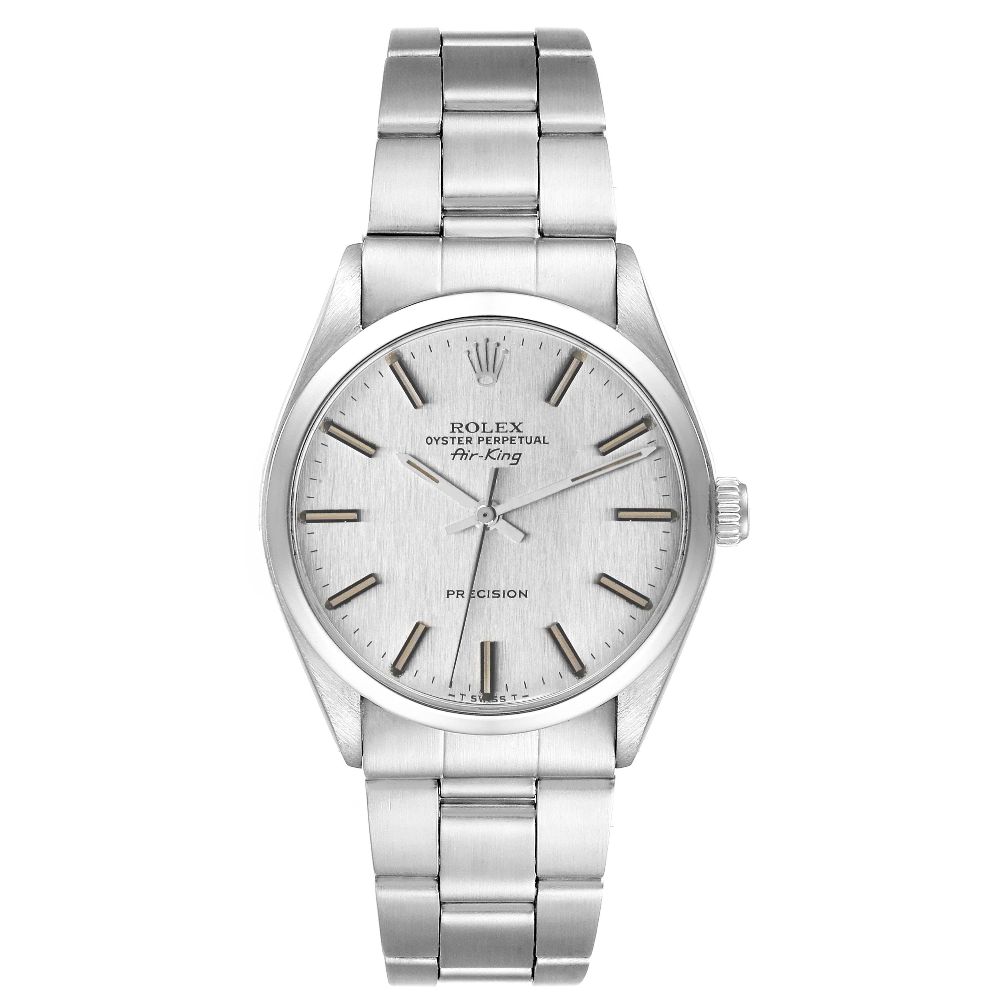 The Rolex Air-King 5500 Men's Stainless Steel Silver Dial 5500 Men's Stainless Steel Silver Dial watch is shown from a front view, displaying its dial, hands, bezel, and bracelet.