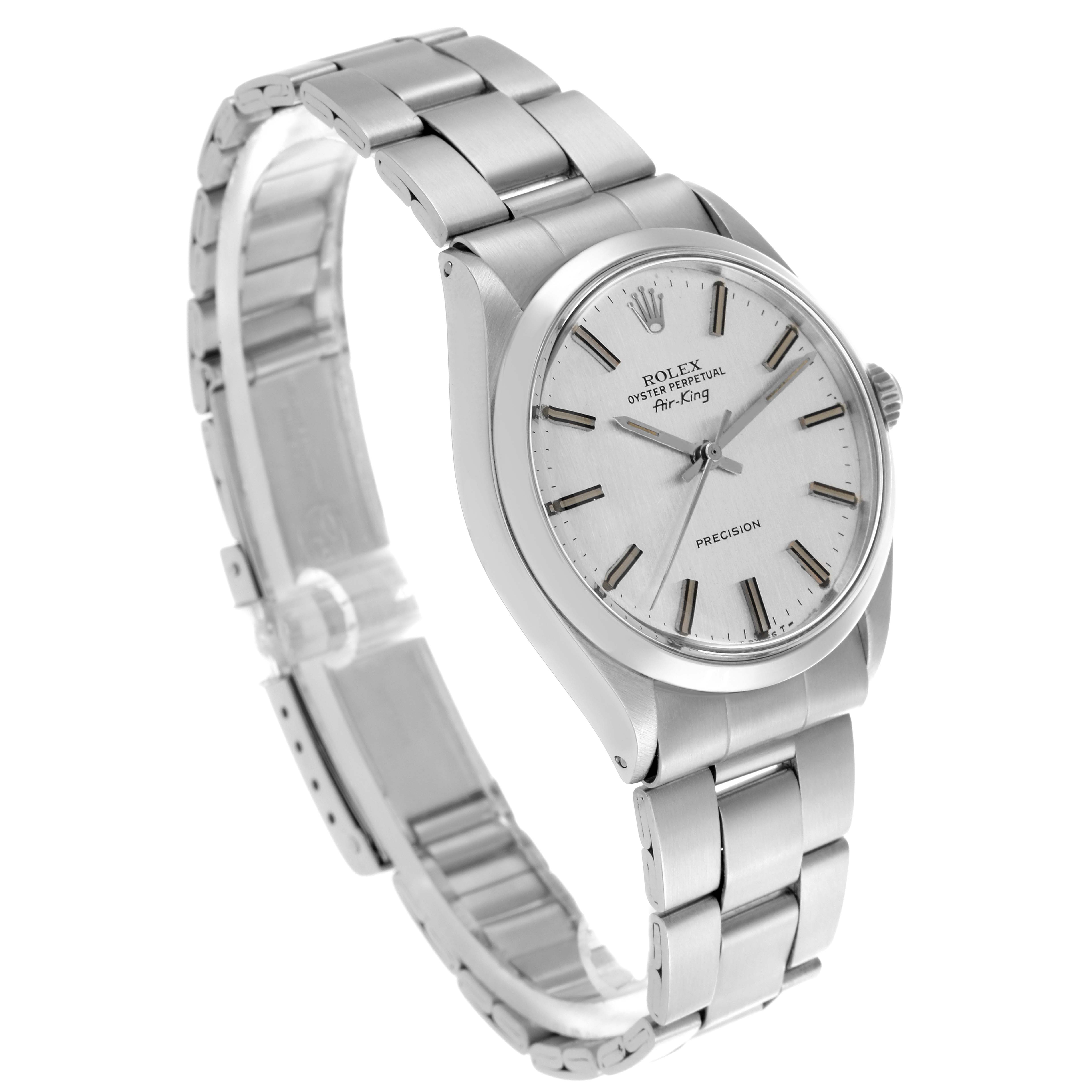 The Rolex Air-King 5500 Men's Stainless Steel Silver Dial 5500 Men's Stainless Steel Silver Dial watch is shown at a three-quarter angle, displaying its dial, bezel, crown, and metal bracelet.