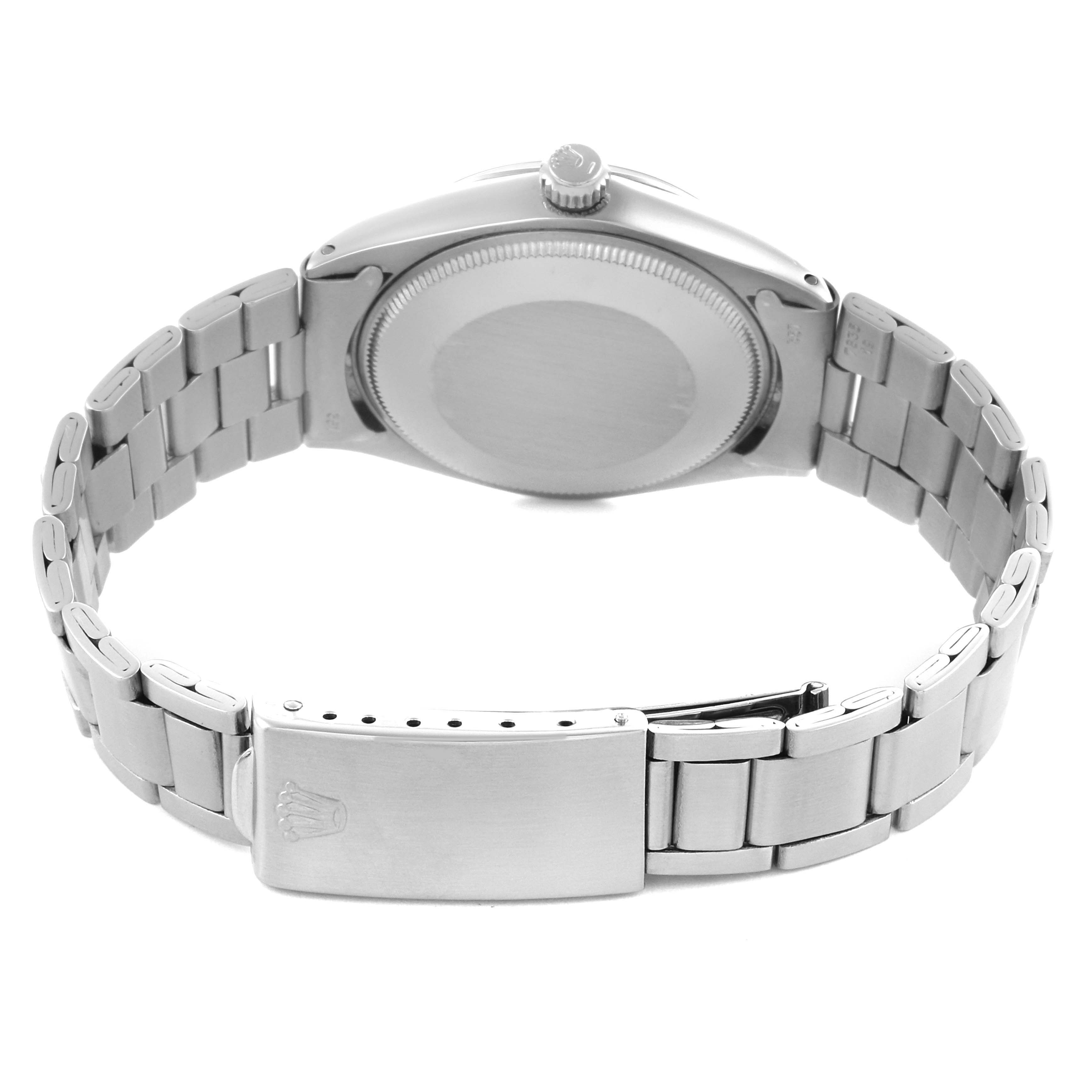 This image shows the back and bracelet of a Rolex Air-King 5500 Men's Stainless Steel Silver Dial 5500 Men's Stainless Steel Silver Dial watch, displaying the clasp, crown, and caseback.