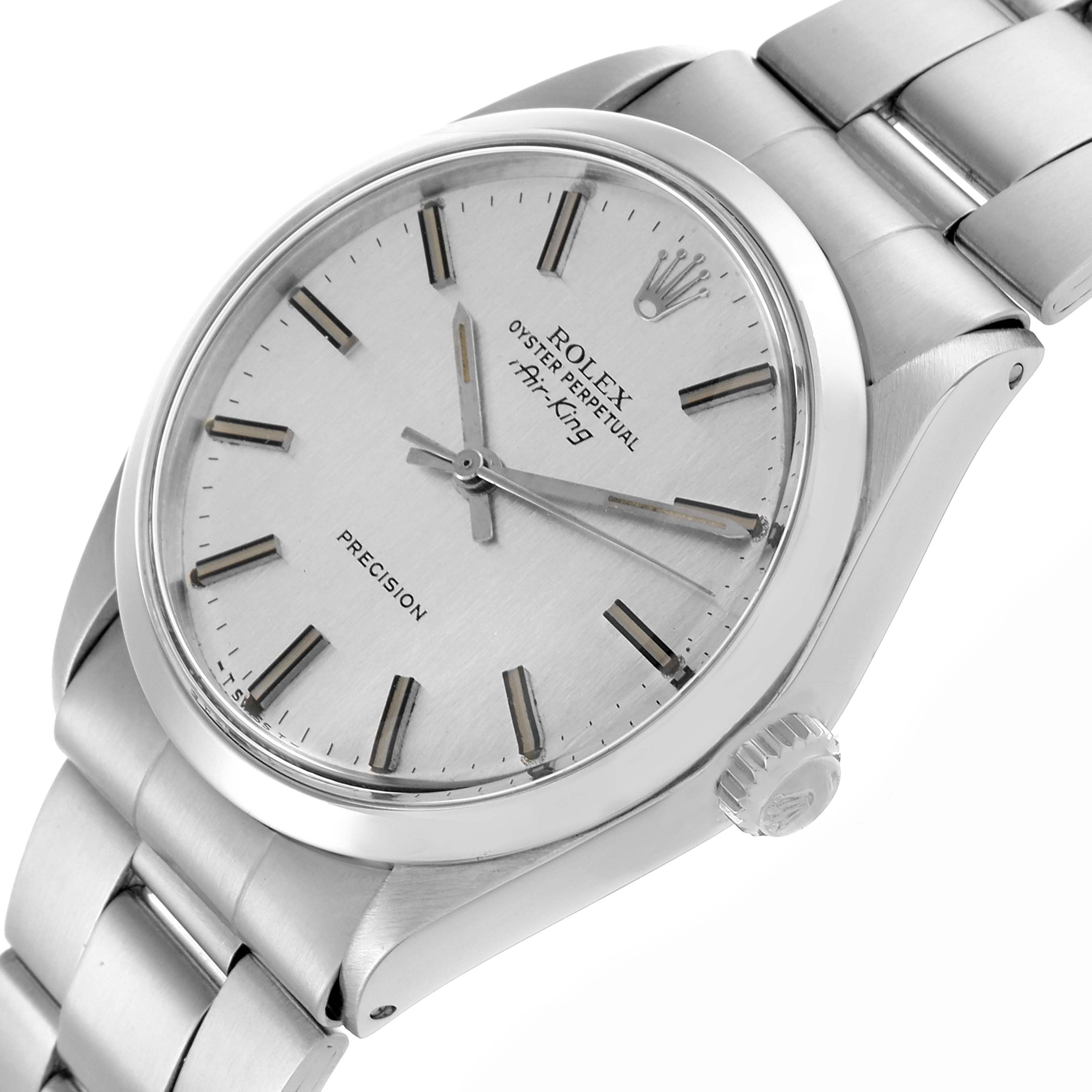 The Rolex Air-King 5500 Men's Stainless Steel Silver Dial 5500 Men's Stainless Steel Silver Dial watch is shown at a slight angle, highlighting the dial, case, crown, and part of the bracelet.
