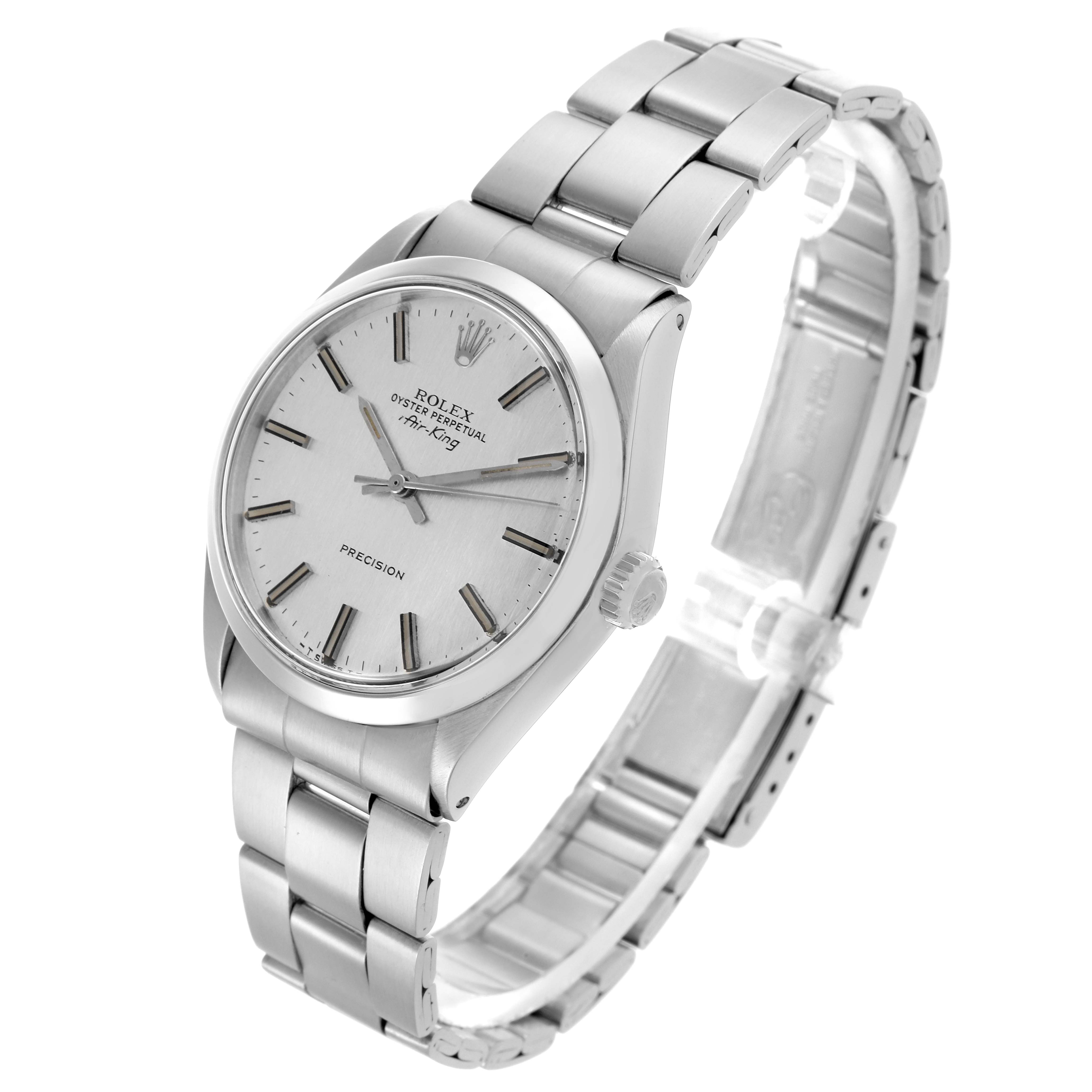 The Rolex Air-King 5500 Men's Stainless Steel Silver Dial 5500 Men's Stainless Steel Silver Dial watch is shown at a three-quarter angle, displaying the face, bezel, crown, and full bracelet.
