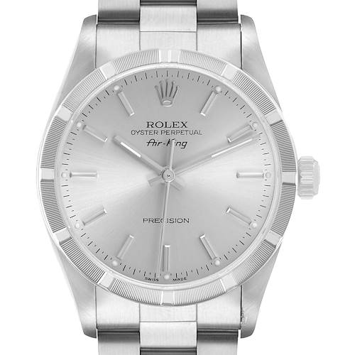 The Rolex Air-King 14010 Men's Stainless Steel Silver Dial watch is shown from a front angle, displaying the dial, crown, and top bracelet links.