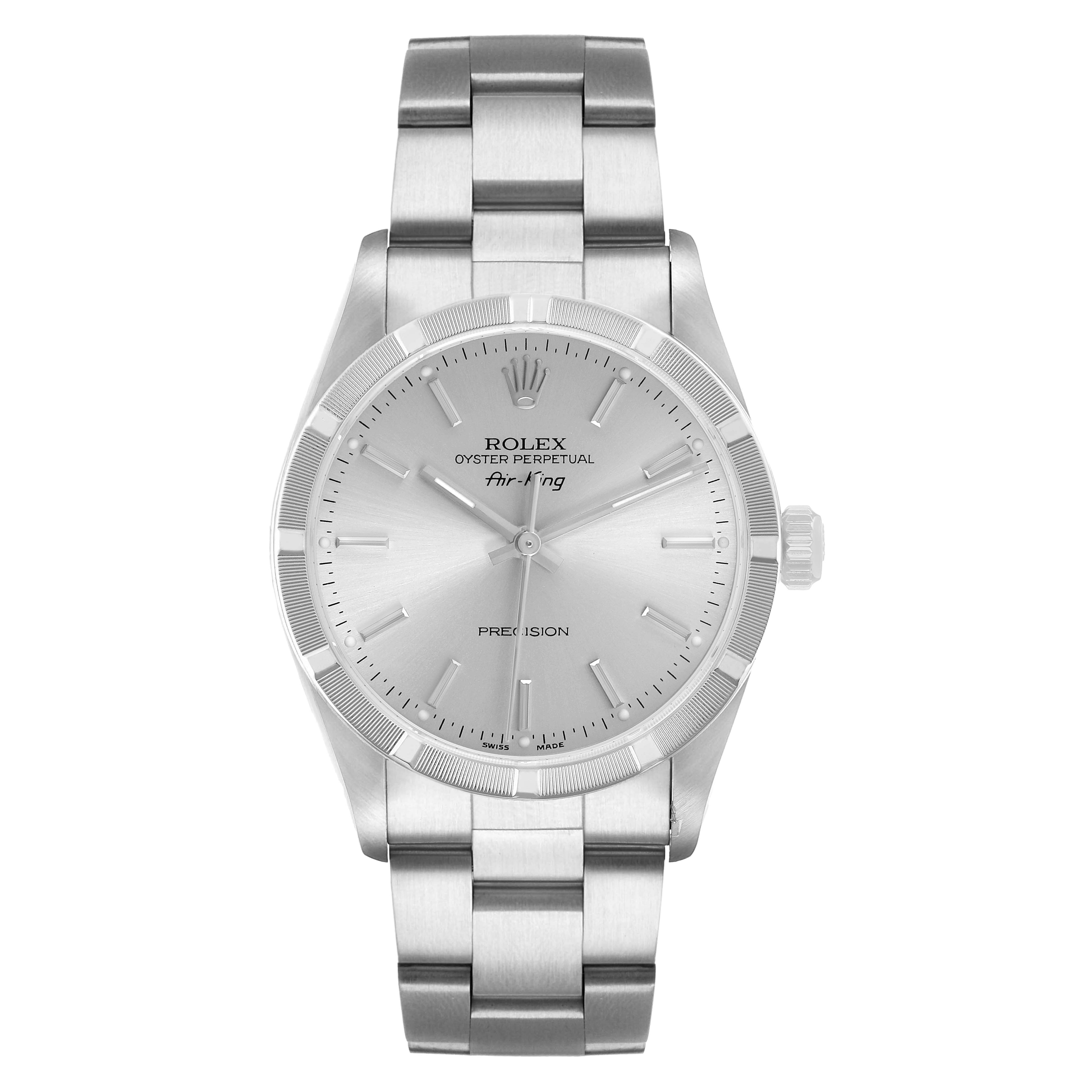 The Rolex Air-King 14010 Men's Stainless Steel Silver Dial watch is shown from a front angle, highlighting the dial, bezel, crown, and stainless steel bracelet.
