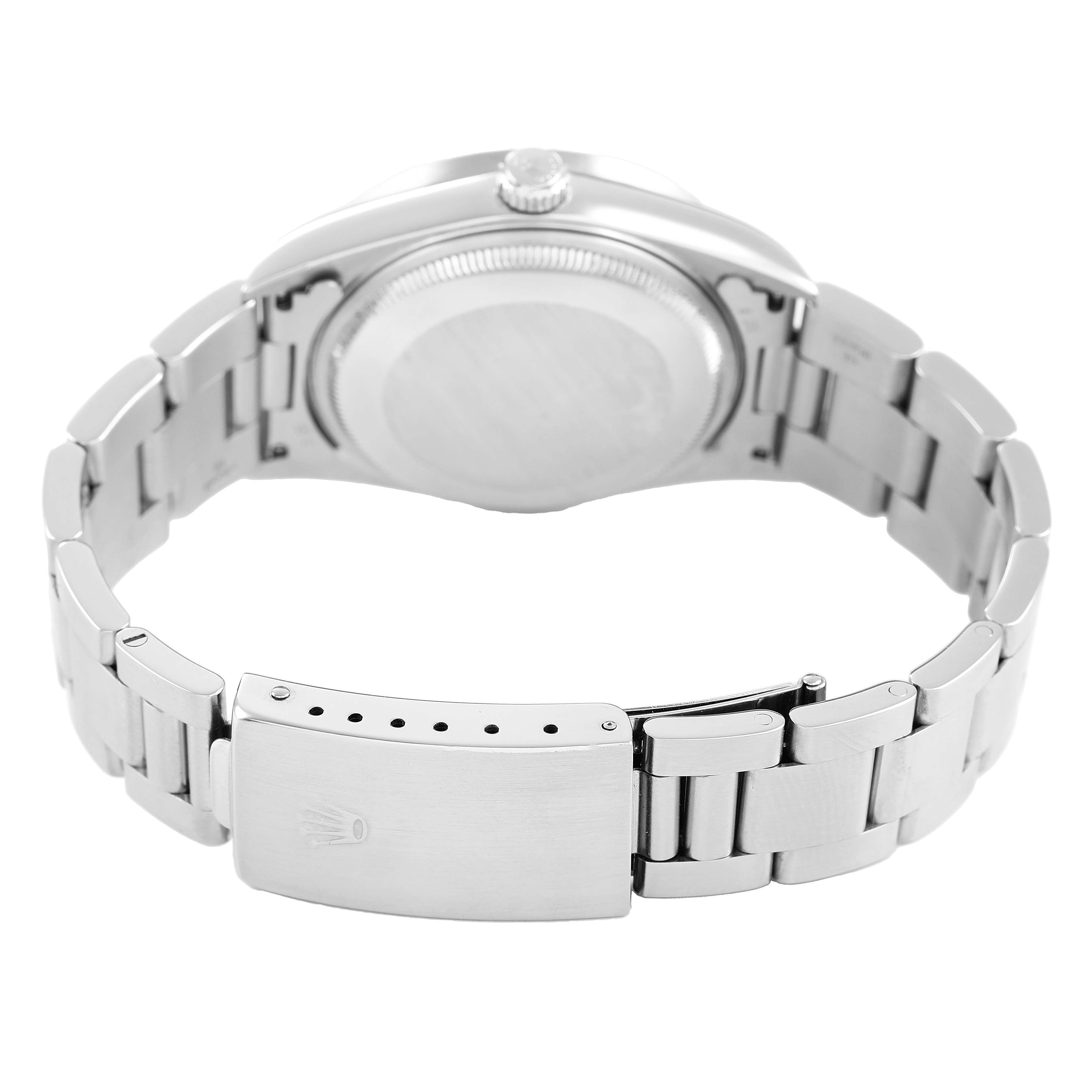 The image shows the underside of a Rolex Air-King 14010 Men's Stainless Steel Silver Dial watch, featuring the bracelet and clasp from a rear angle.