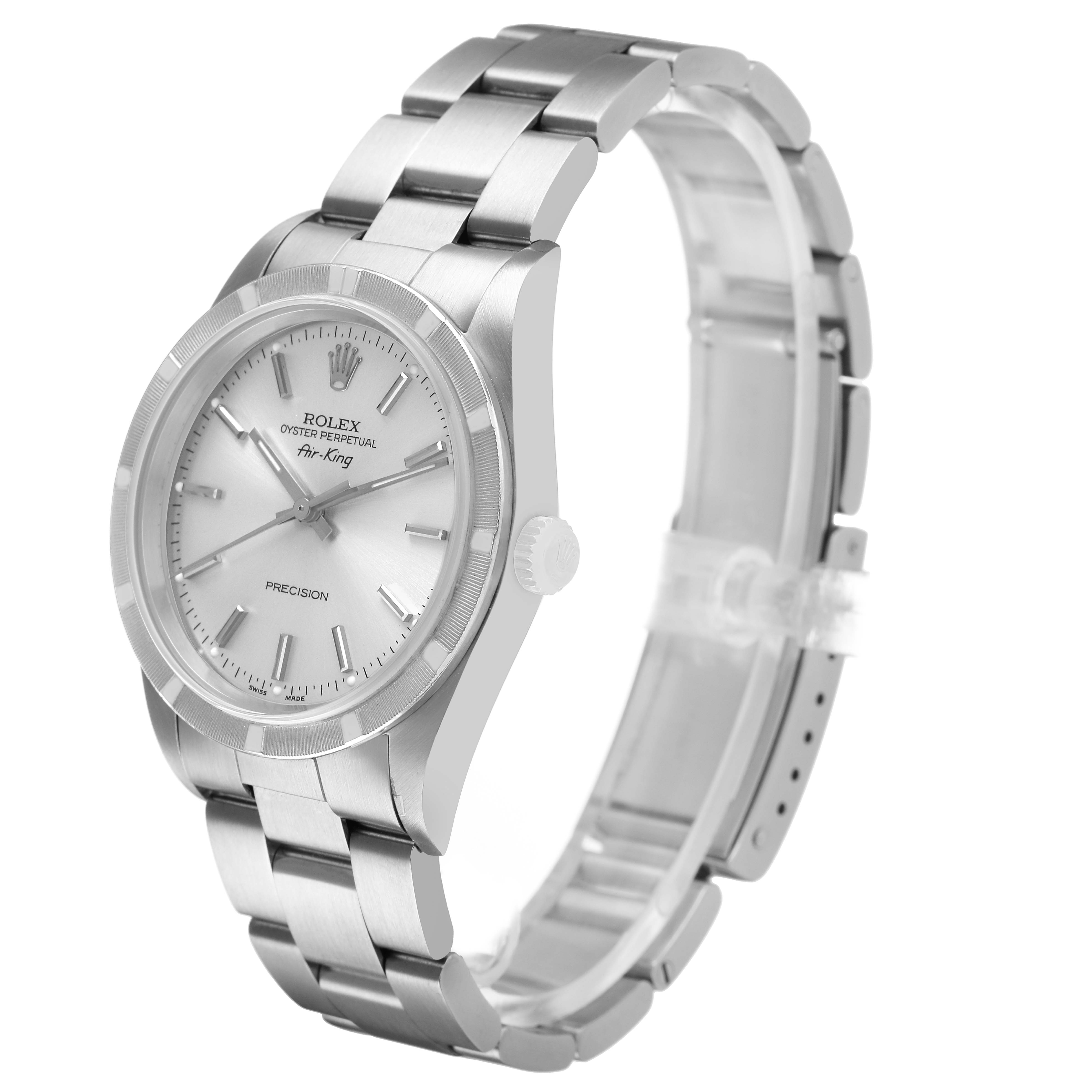 The Rolex Air-King 14010 Men's Stainless Steel Silver Dial watch is shown at an angle showcasing the face, bezel, crown, and bracelet.