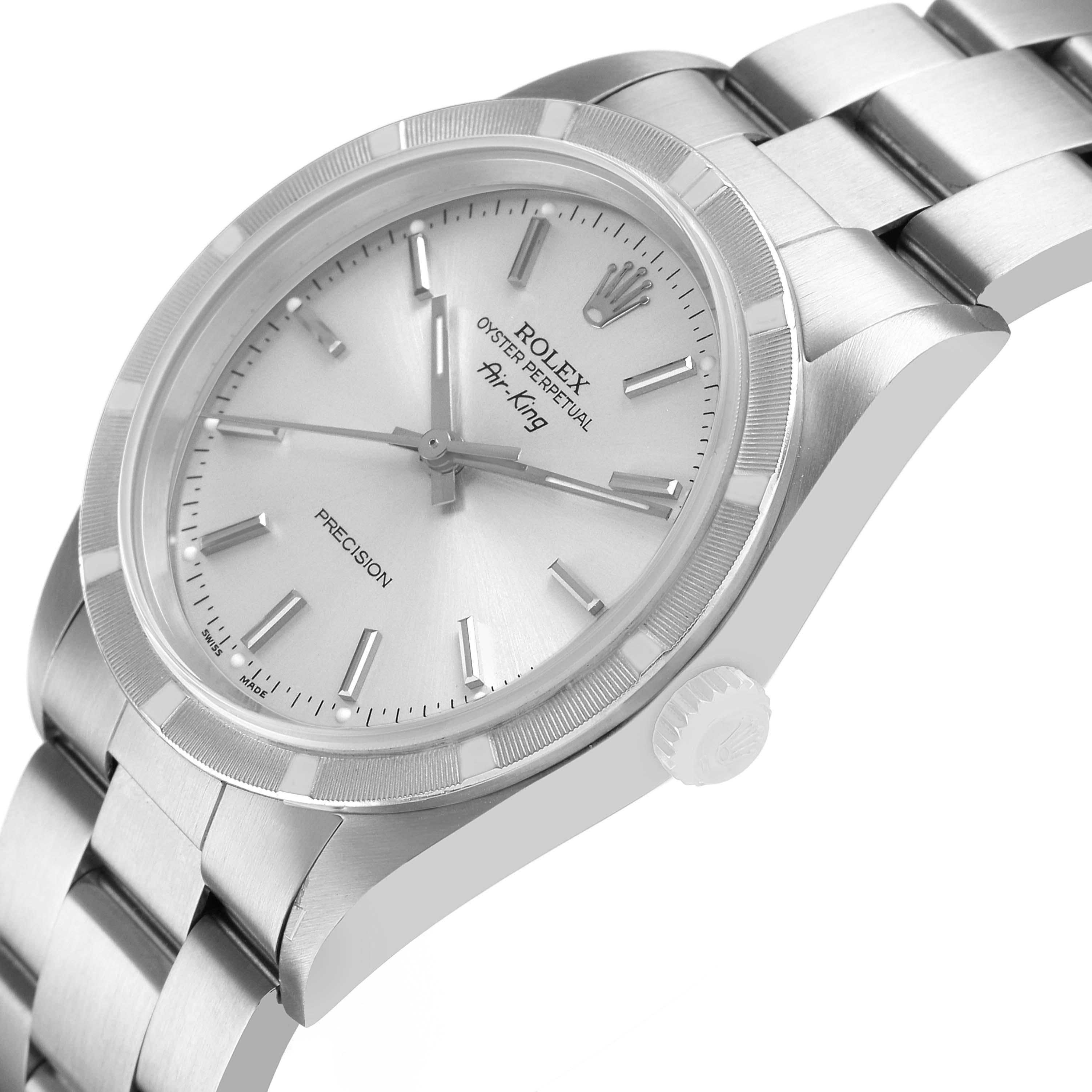 The Rolex Air-King 14010 Men's Stainless Steel Silver Dial watch is shown at a side angle, displaying the face, bezel, crown, and part of the bracelet.
