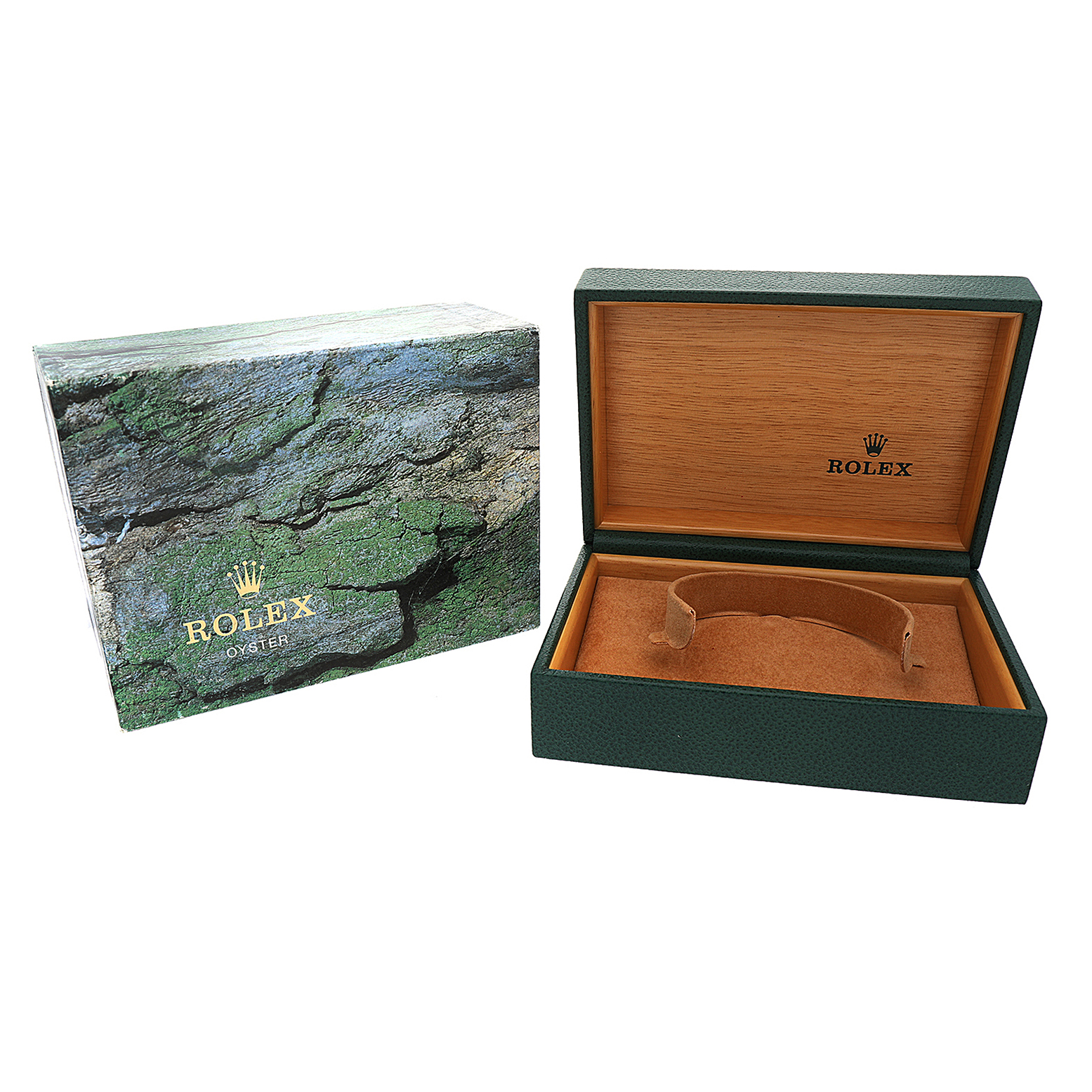 The image shows a Rolex Air-King 14010 Men's Stainless Steel Silver Dial watch box and an open display case from a front angle, without the watch inside.