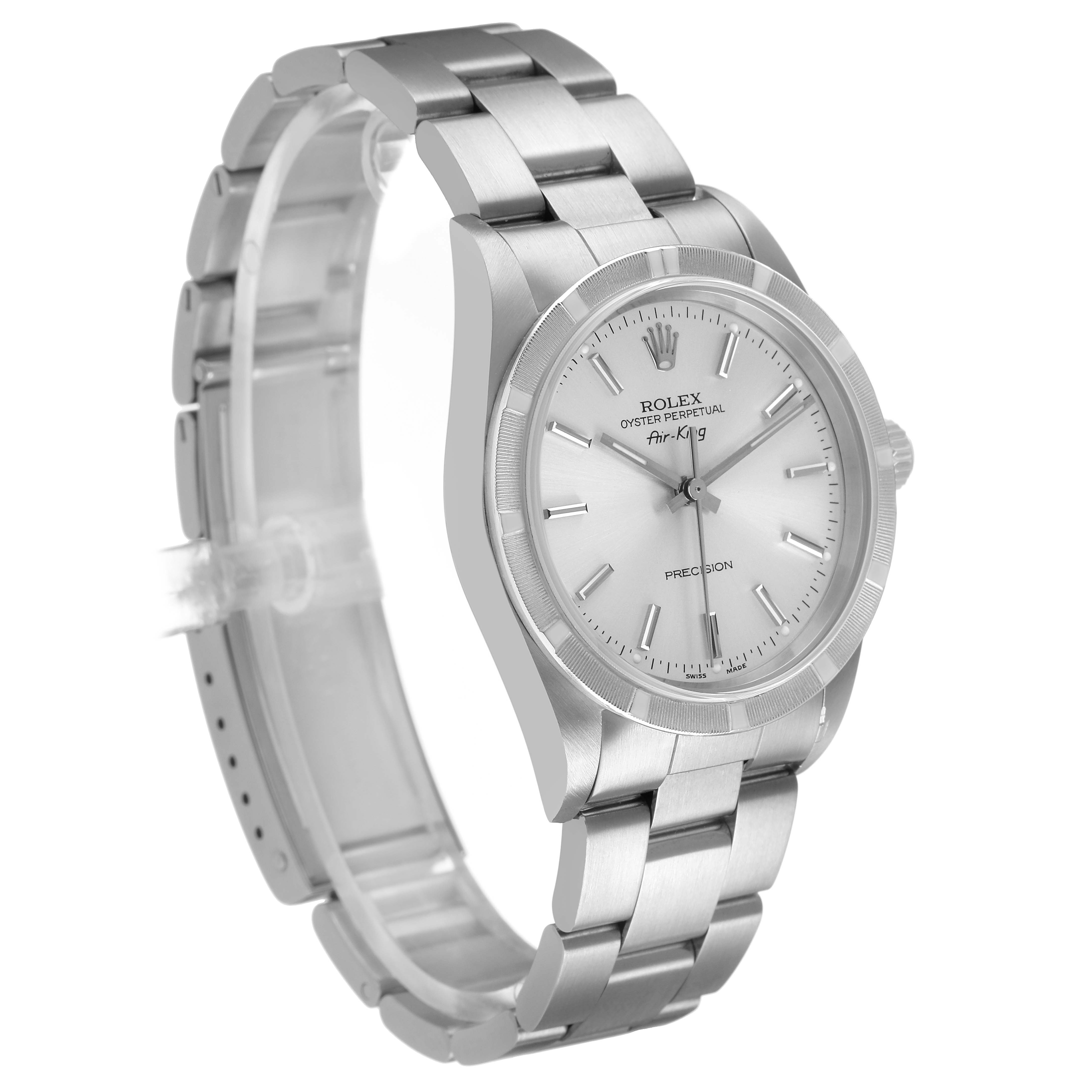 The Rolex Air-King 14010 Men's Stainless Steel Silver Dial watch is shown at a three-quarter angle, highlighting the bracelet, case, and dial.