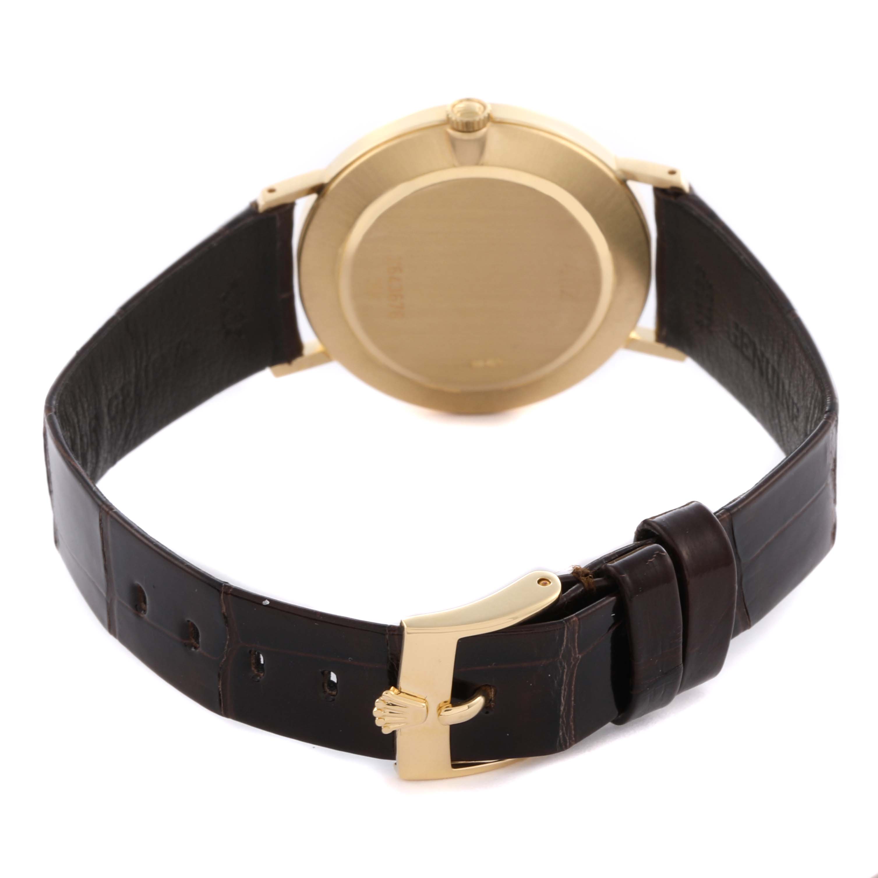 The Rolex Cellini 4112 Men's Yellow Gold Grey Dial 4112 Men's Yellow Gold Grey Dial watch is shown from the back, displaying the case, crown, and leather strap with a gold buckle.