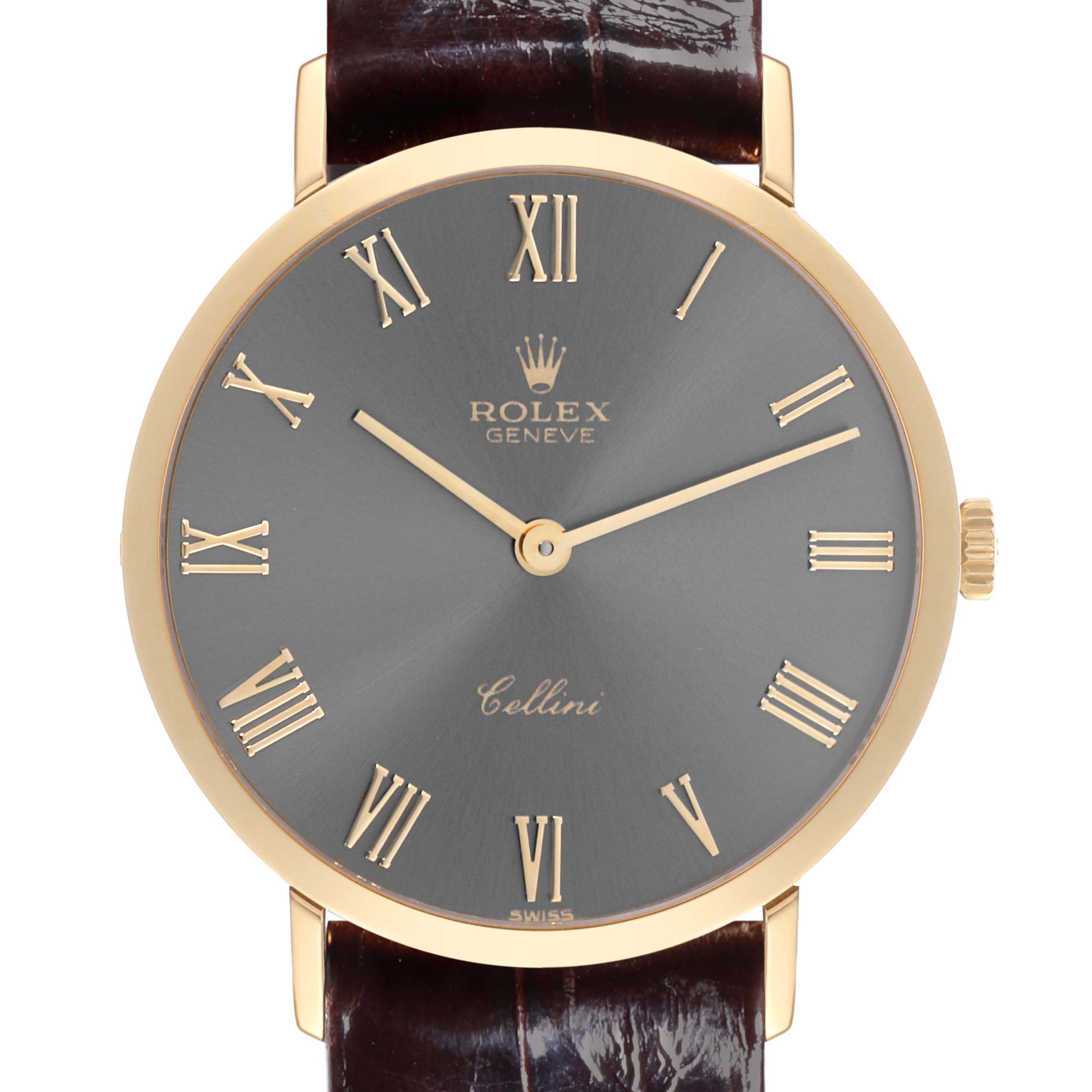 The Rolex Cellini 4112 Men's Yellow Gold Grey Dial 4112 Men's Yellow Gold Grey Dial watch is shown from a front angle, highlighting the dial, Roman numerals, and leather strap.