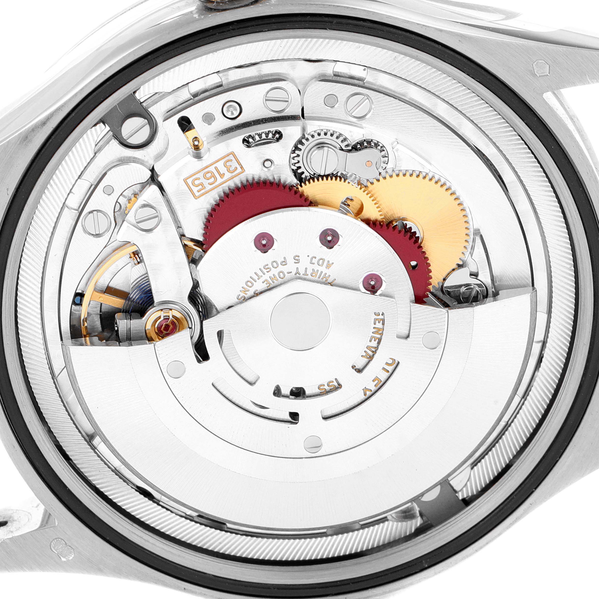 The image shows the intricate inner movement and components of a Rolex Cellini 50519 Men
s White Gold Blue Dial 50519 Men
s White Gold Blue Dial watch from a rear angle.