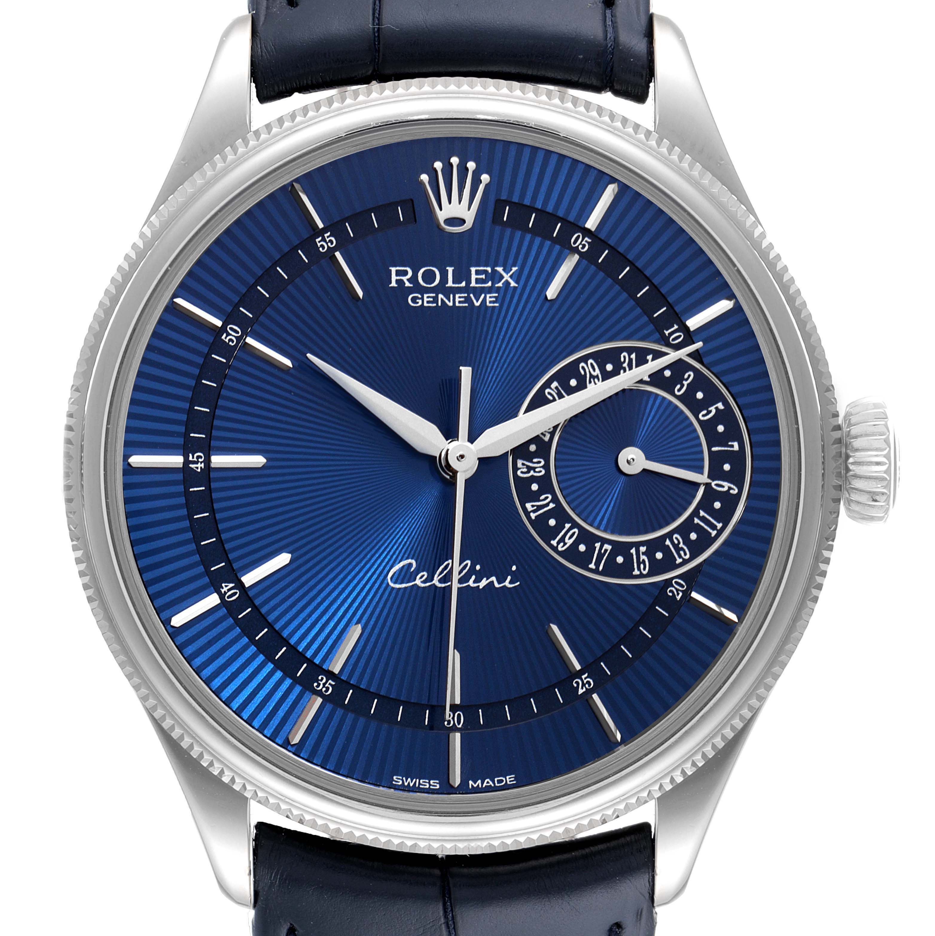 This is a front view of the Rolex Cellini 50519 Men
s White Gold Blue Dial 50519 Men
s White Gold Blue Dial watch, showcasing its dial, hands, and leather strap.