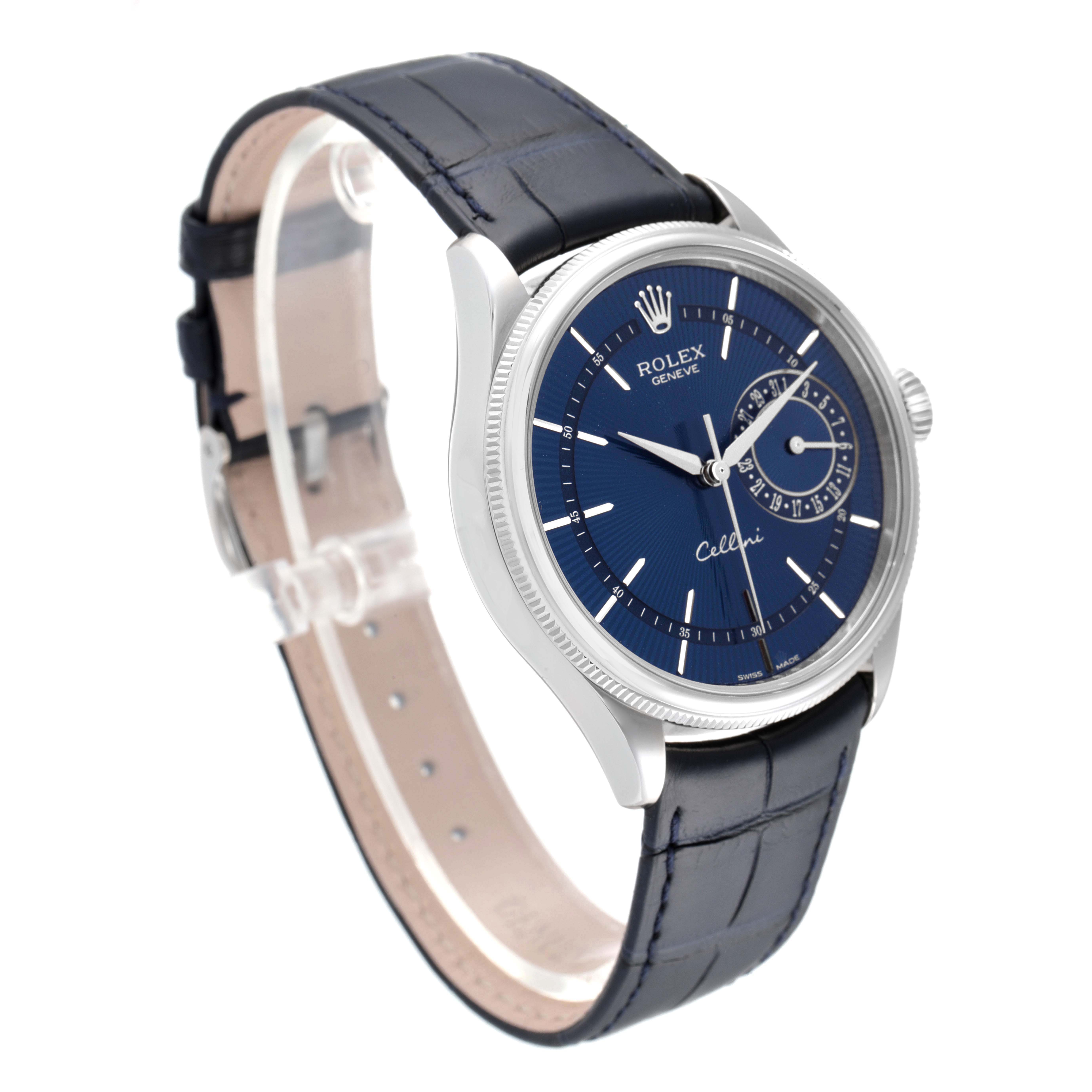 The image shows a Rolex Cellini 50519 Men
s White Gold Blue Dial 50519 Men
s White Gold Blue Dial watch from a front-side angle, highlighting its blue dial, leather strap, and fluted bezel.