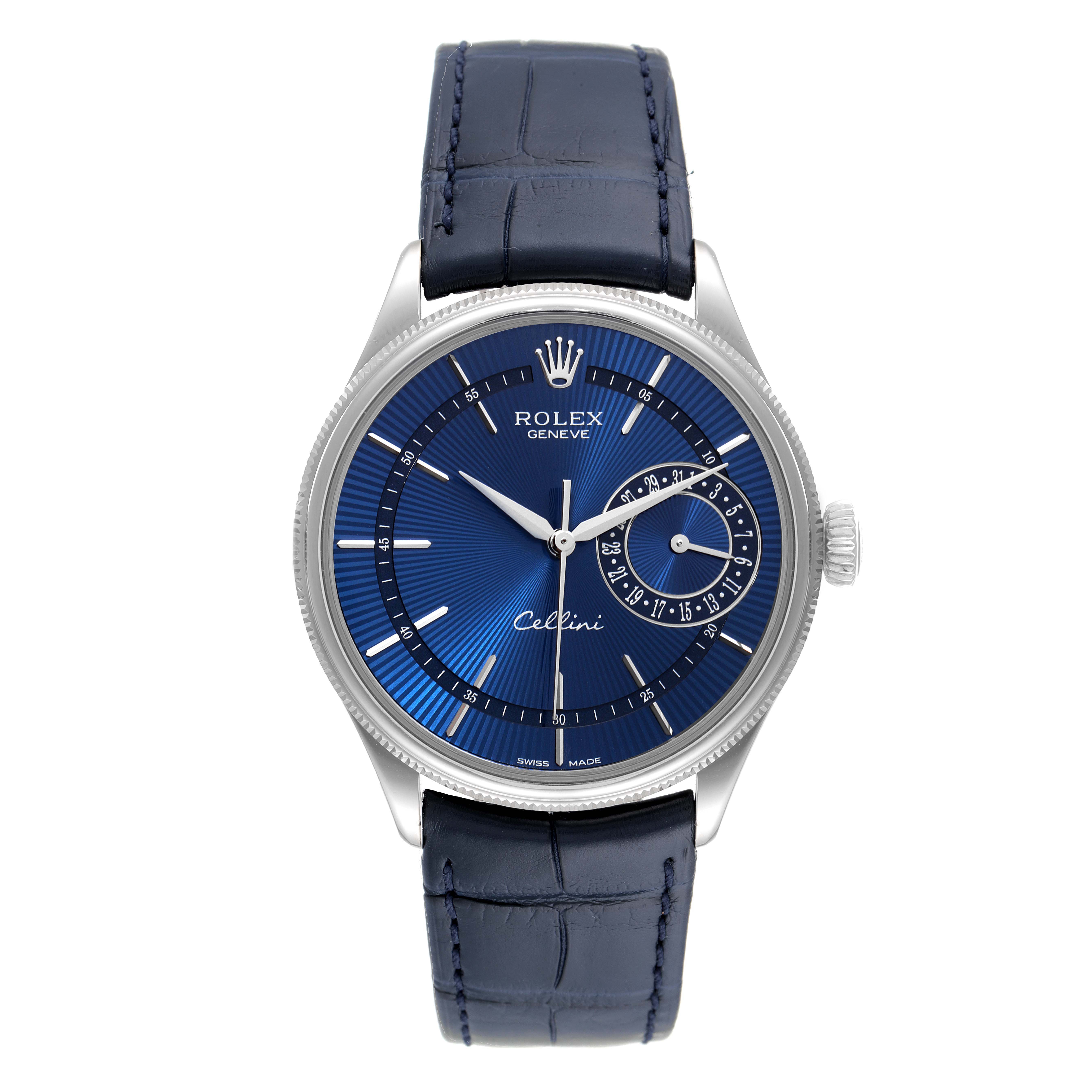 The image shows a front view of a Rolex Cellini 50519 Men
s White Gold Blue Dial 50519 Men
s White Gold Blue Dial watch with a blue dial and leather strap.