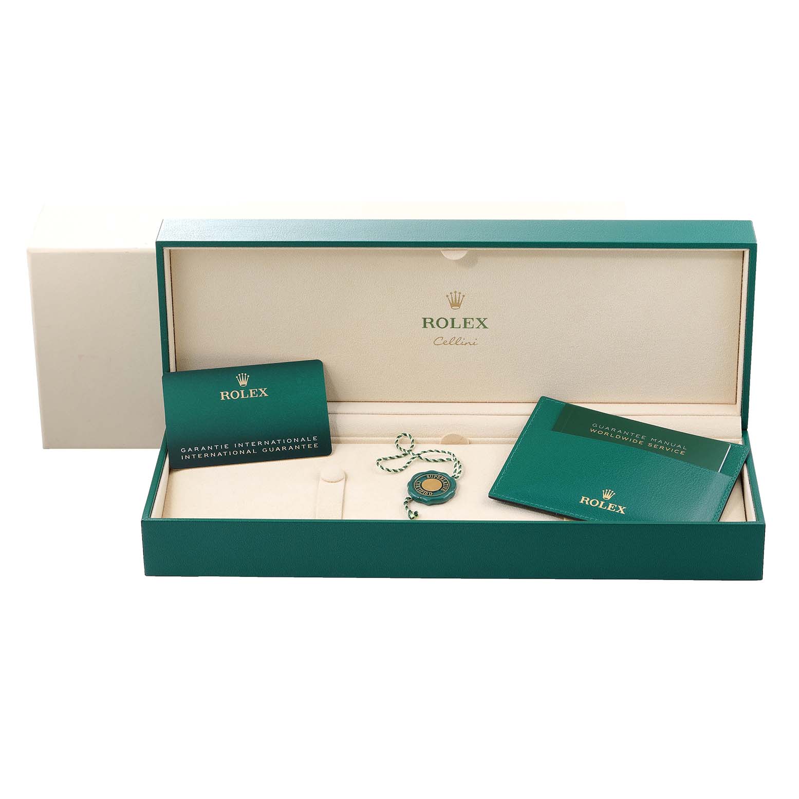 The image shows a Rolex Cellini 50519 Men
s White Gold Blue Dial 50519 Men
s White Gold Blue Dial watch box and accessories, including guarantee cards and a hang tag, from an open angle.