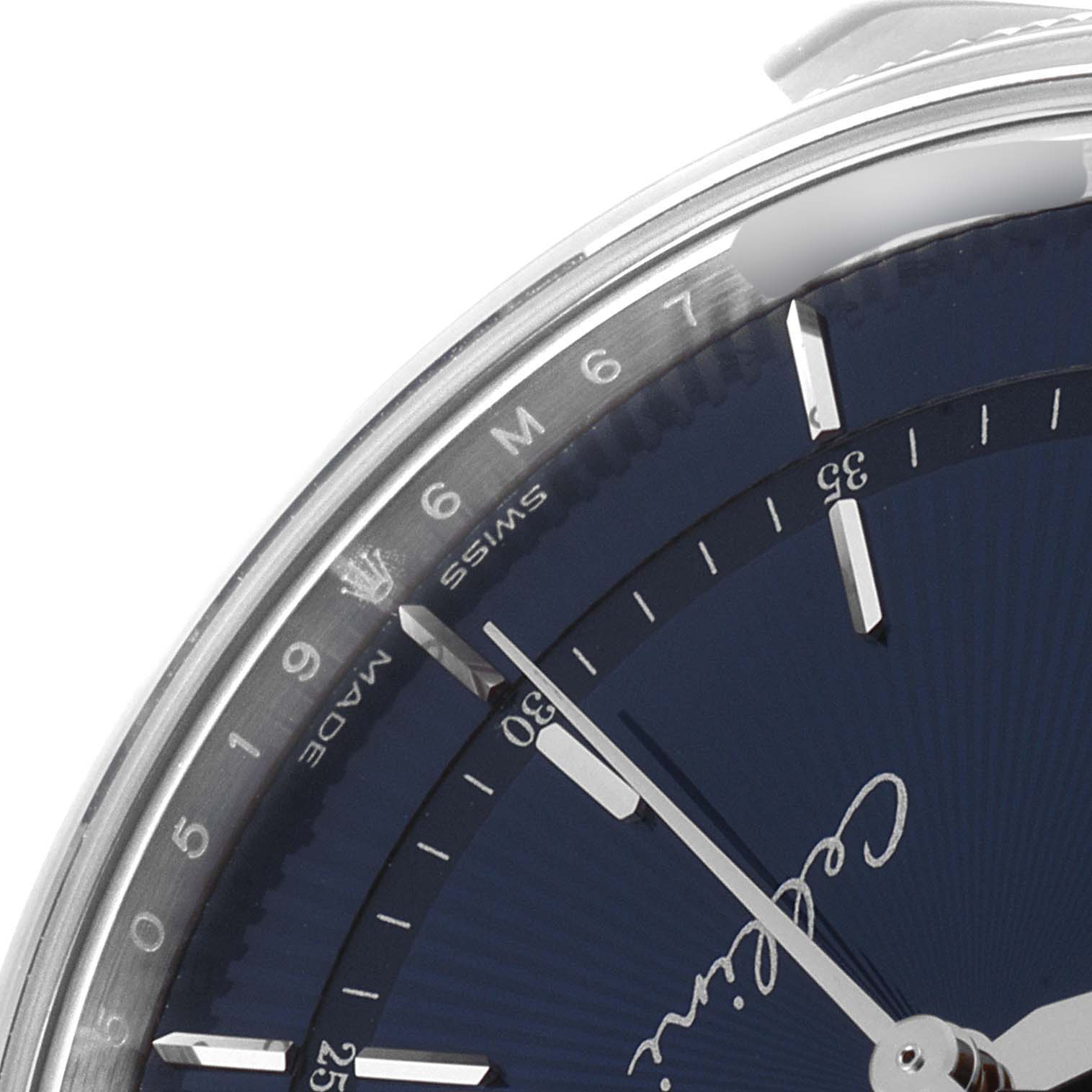 The image shows an angled close-up of the dial and part of the bezel of a Rolex Cellini 50519 Men
s White Gold Blue Dial 50519 Men
s White Gold Blue Dial watch.