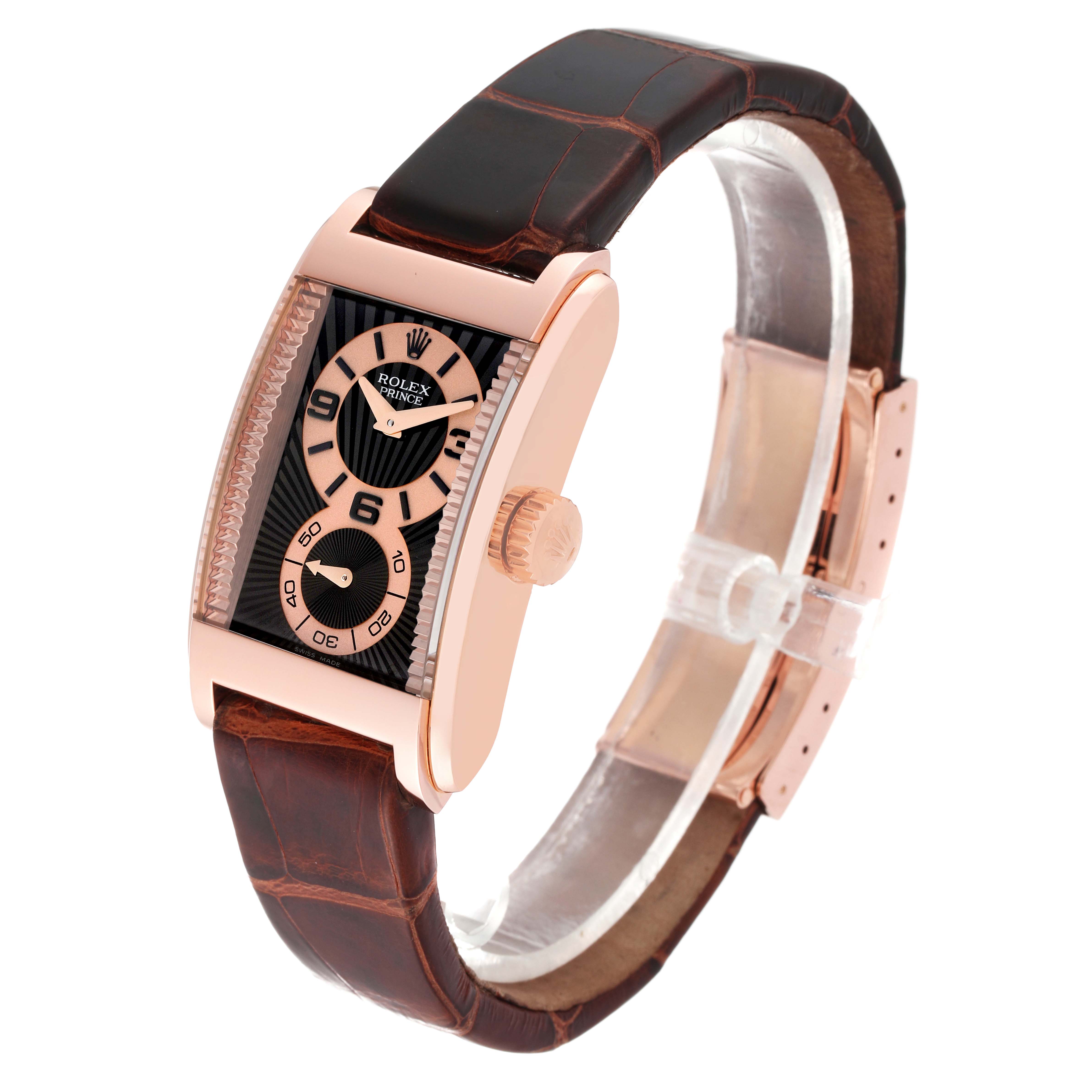 The image shows a side angle of the Rolex Cellini 5442/5 Men's Rose Gold Black Dial 5442/5 Men's Rose Gold Black Dial Prince model, displaying the case, crown, dial, and leather strap.