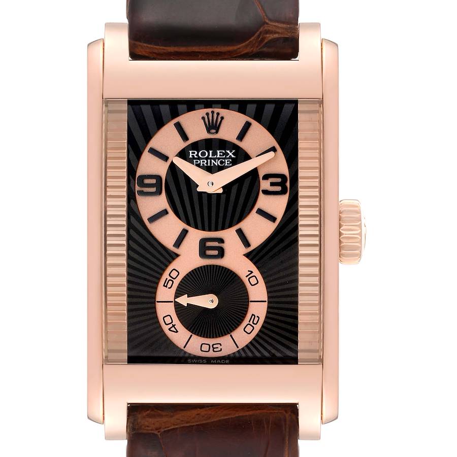 Rolex Cellini Prince Rose Gold Black Dial Leather Strap Mens Watch 5442 SwissWatchExpo