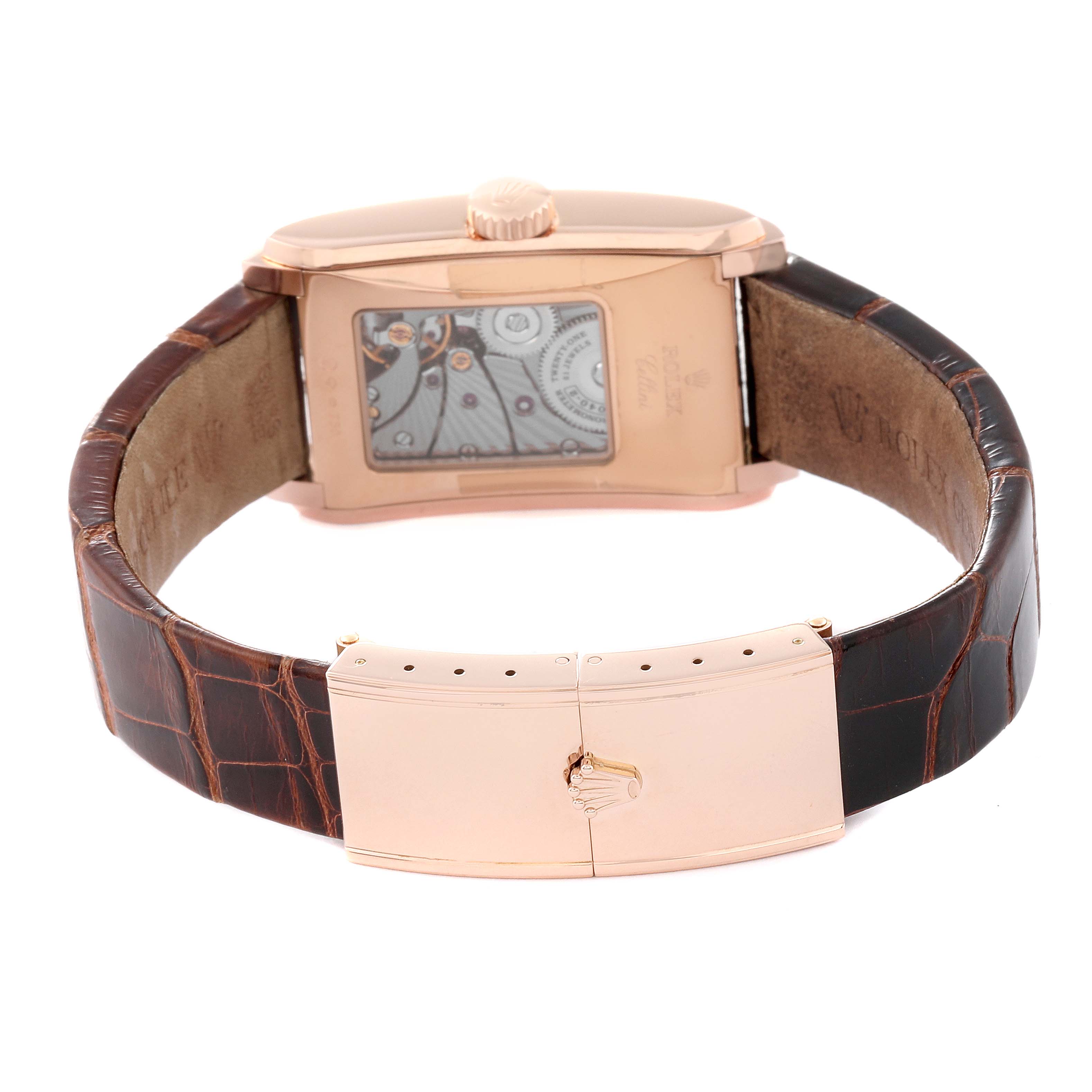 The image shows the back view of a Rolex Cellini 5442/5 Men's Rose Gold Black Dial 5442/5 Men's Rose Gold Black Dial watch, displaying its brown leather strap and the intricate movement.